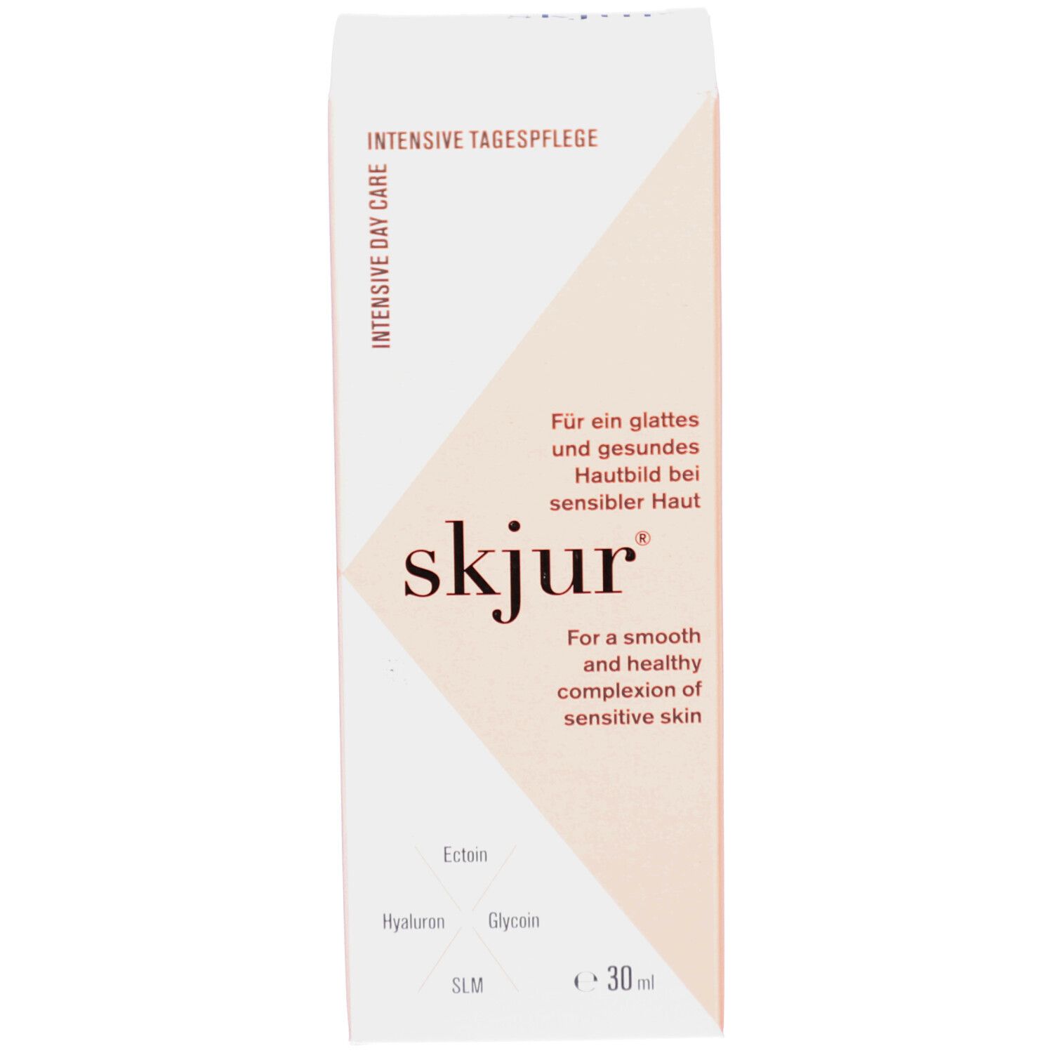Karton mit Creme-Spenderflasche. Aufschrift: skjur, Ectoin, Hyaluron, Glycin, SLM, e 30 ml. Karton mit Text.