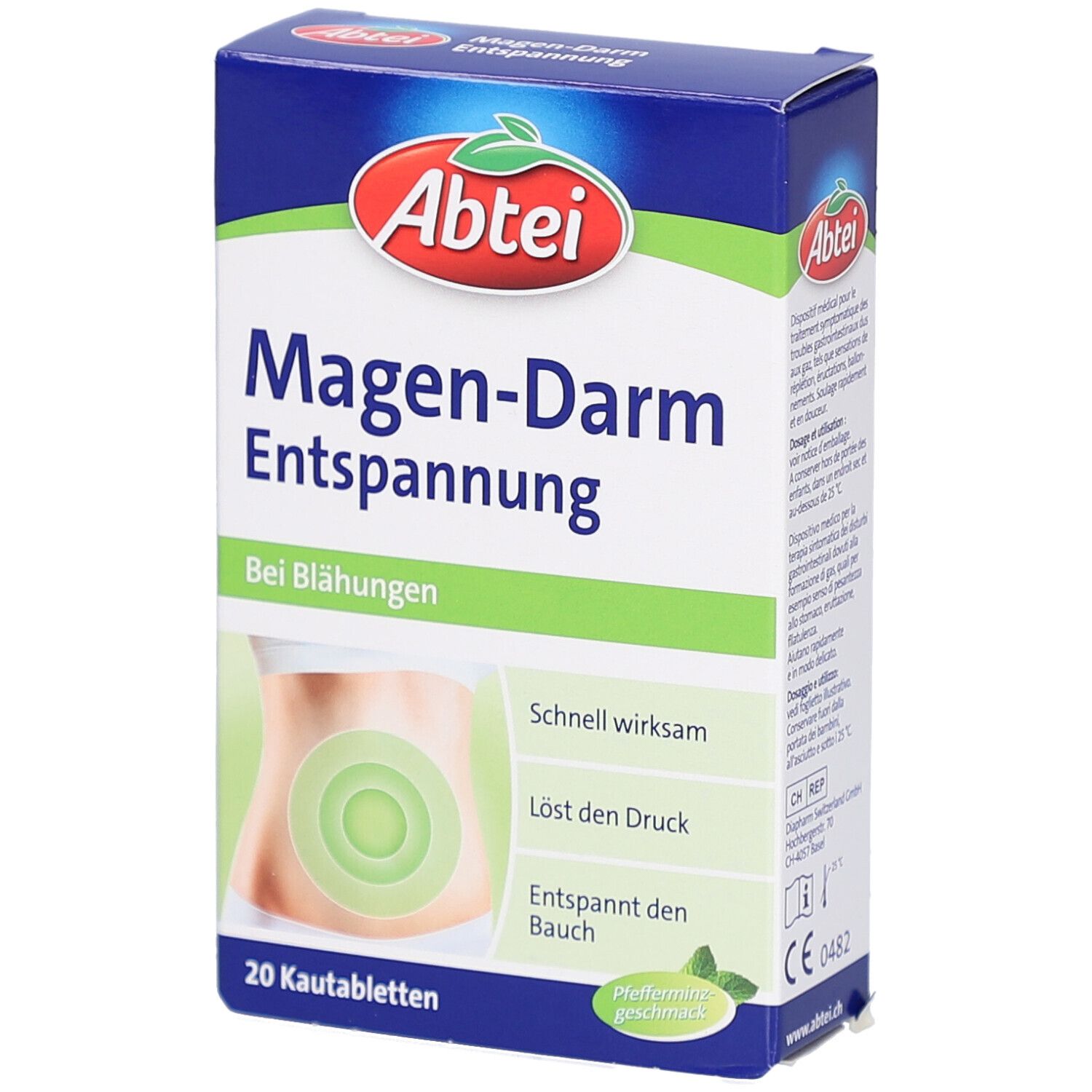 Boîte de Abtei pour troubles gastro-intestinaux. Texte: En cas de ballonnements, 20 comprimés à mâcher. Illustration d'un ventre.