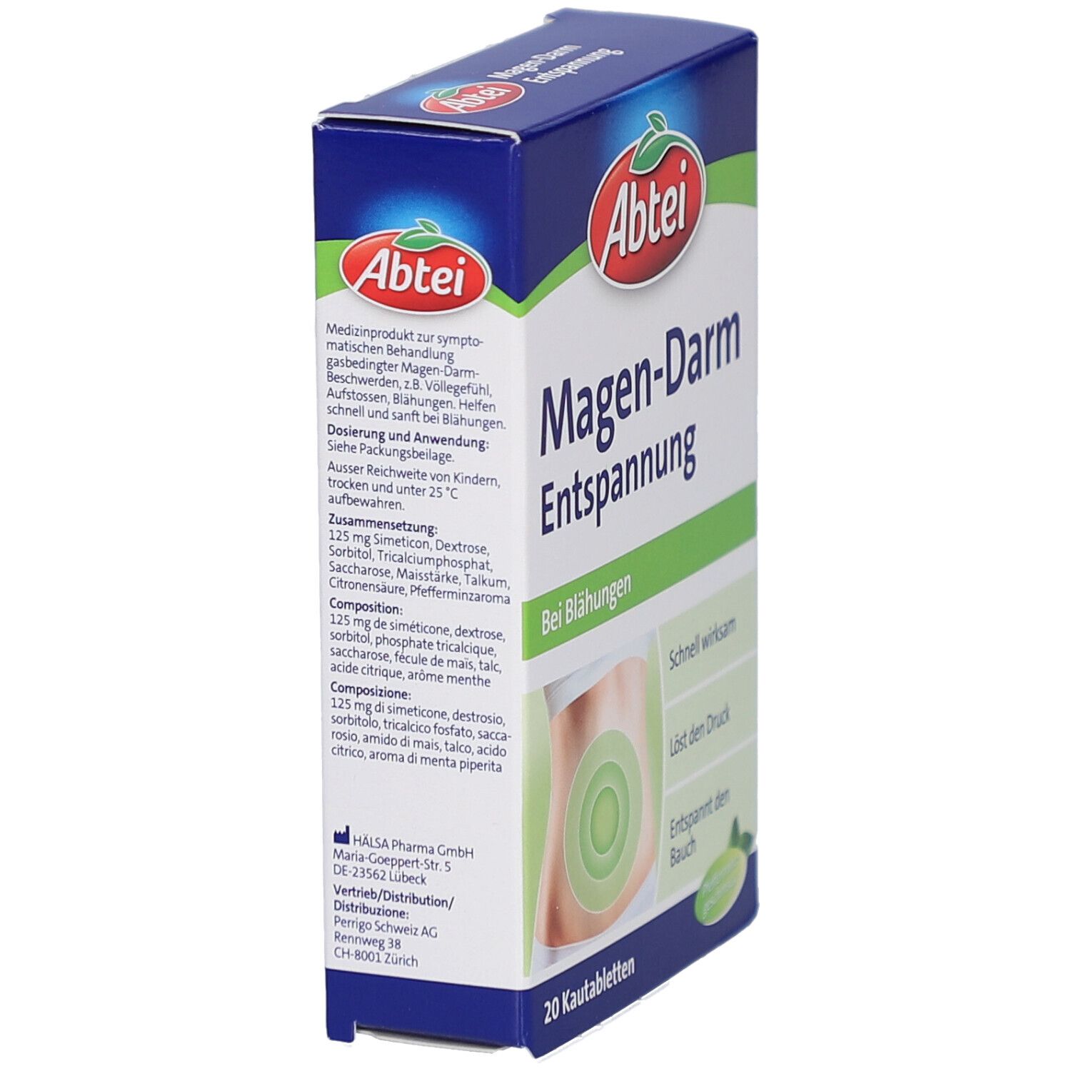 Boîte Abtei pour troubles gastro-intestinaux en biais. Texte: En cas de ballonnements, 20 comprimés. Logo Abtei. Informations.