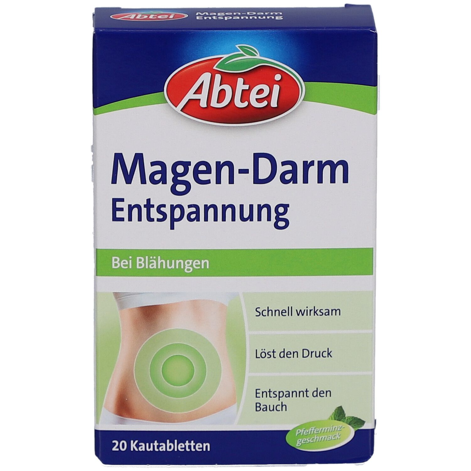 Boîte Abtei pour troubles gastro-intestinaux. Texte: En cas de ballonnements, 20 comprimés à mâcher. Illustration ventre. Logo Abtei.