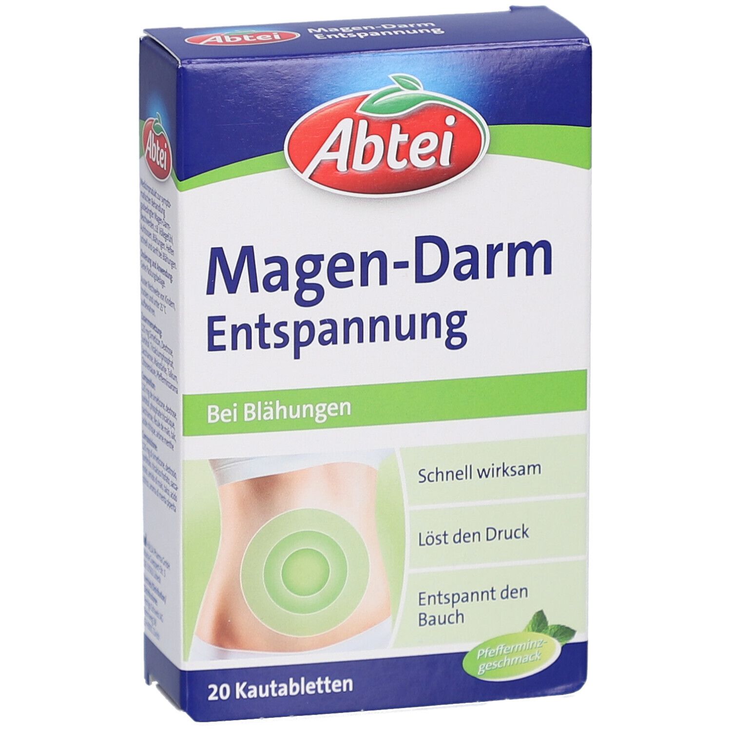 Boîte Abtei pour troubles gastro-intestinaux. Texte: En cas de ballonnements, 20 comprimés à mâcher. Illustration ventre. Logo Abtei.