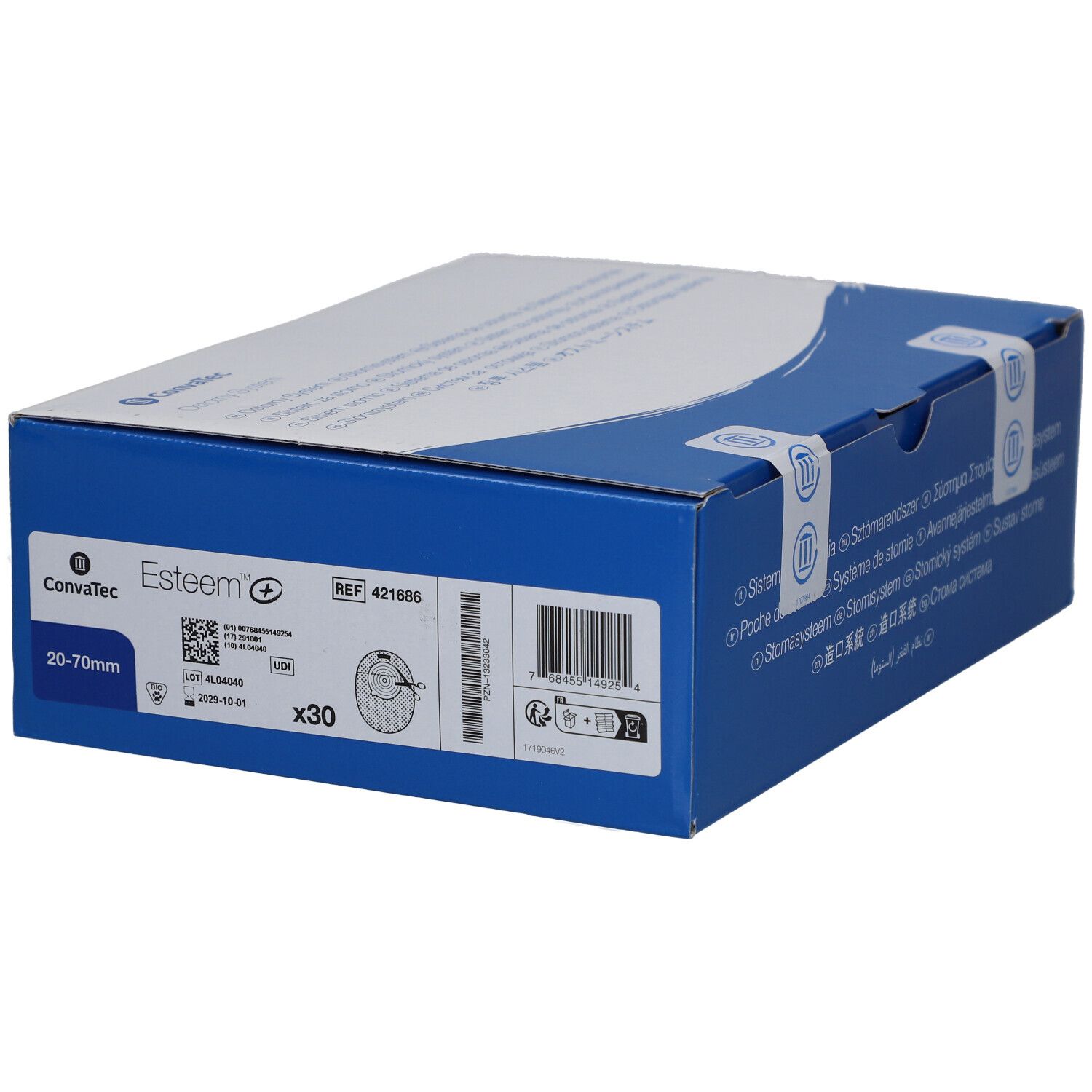 Blaue Schachtel mit weißem Deckel. Aufschrift Esteem+ und Produktinformationen. Enthält 30 Beutel.