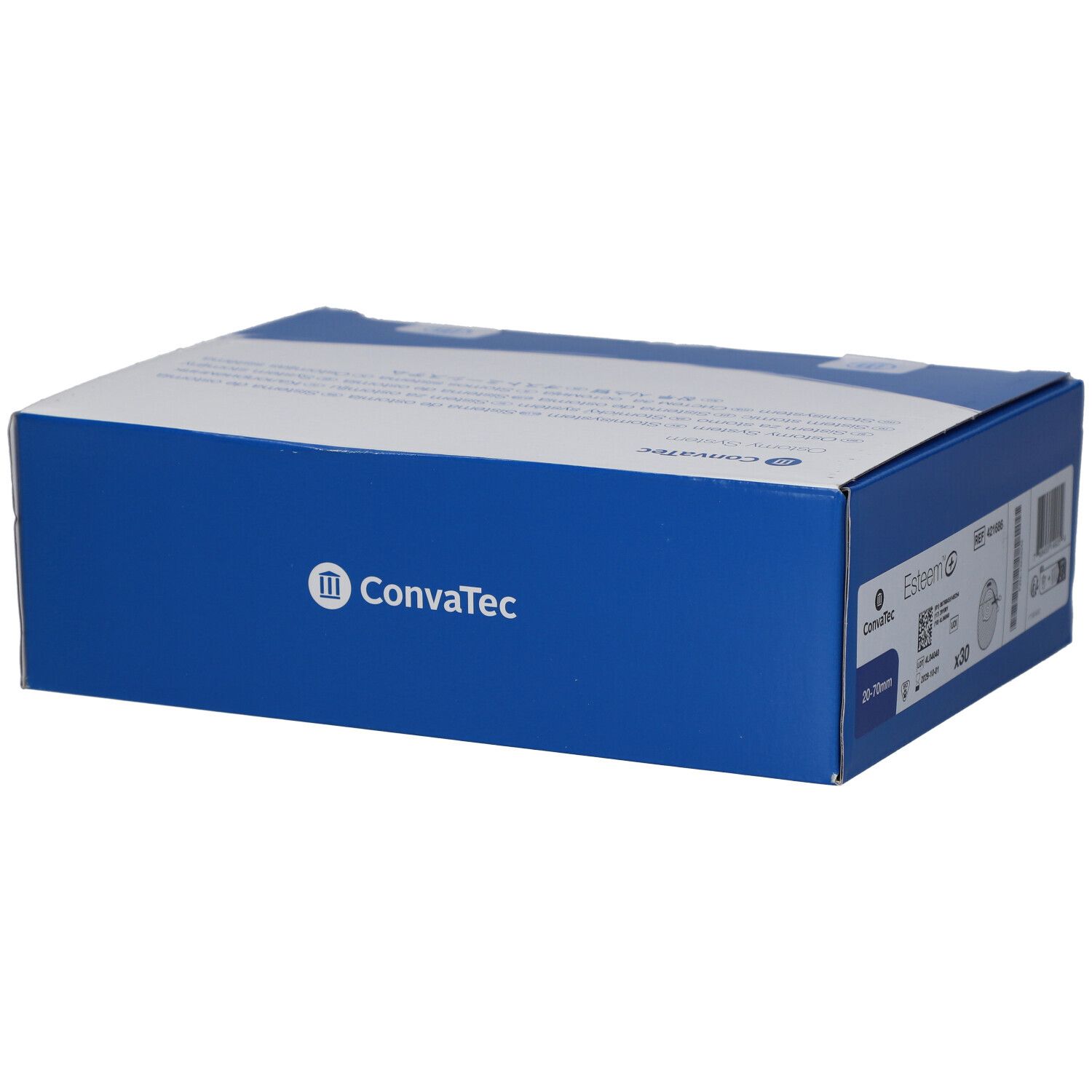 Blaue Schachtel mit weißem Deckel. ConvaTec Logo. Produktinformationen auf der Seite.