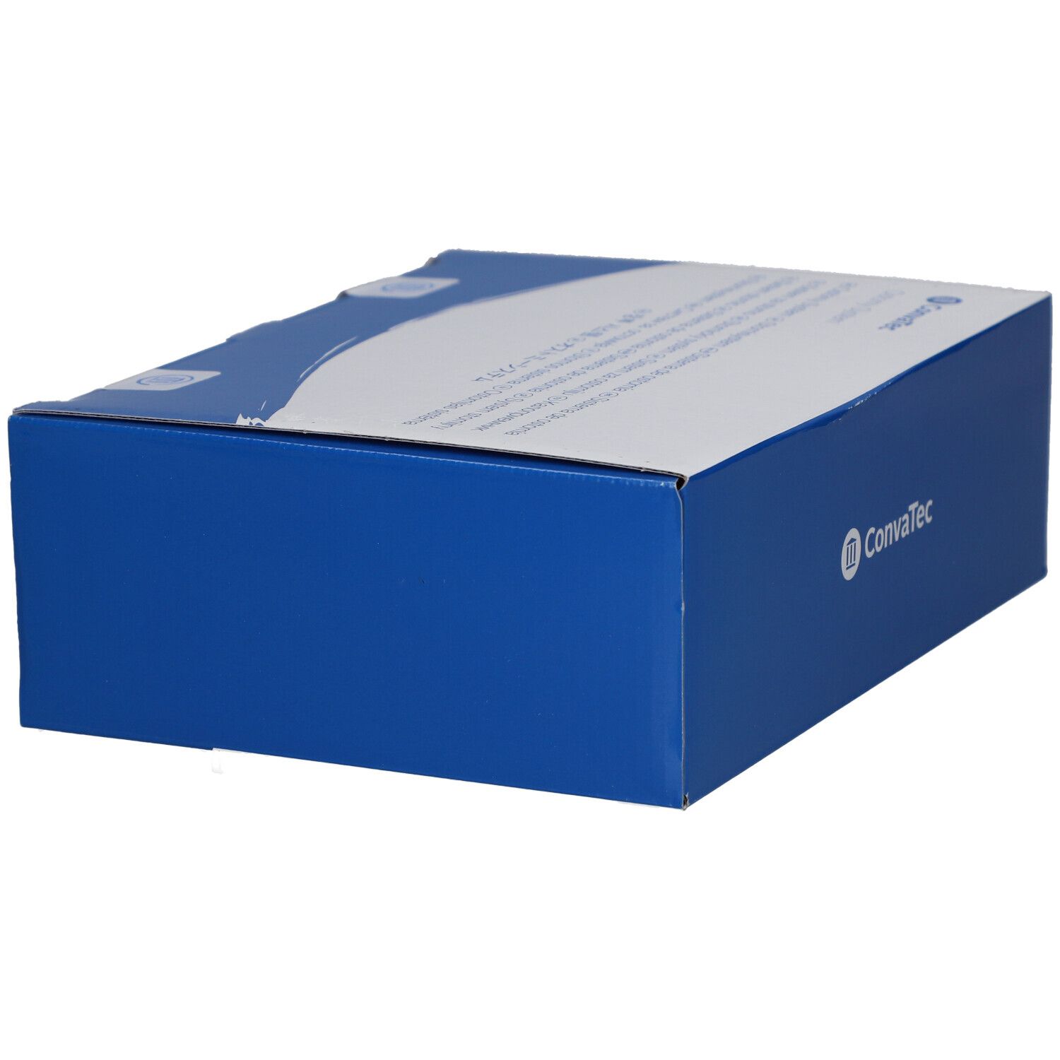 Blaue Schachtel mit weißem Deckel. ConvaTec Logo. Seitenansicht der Verpackung.