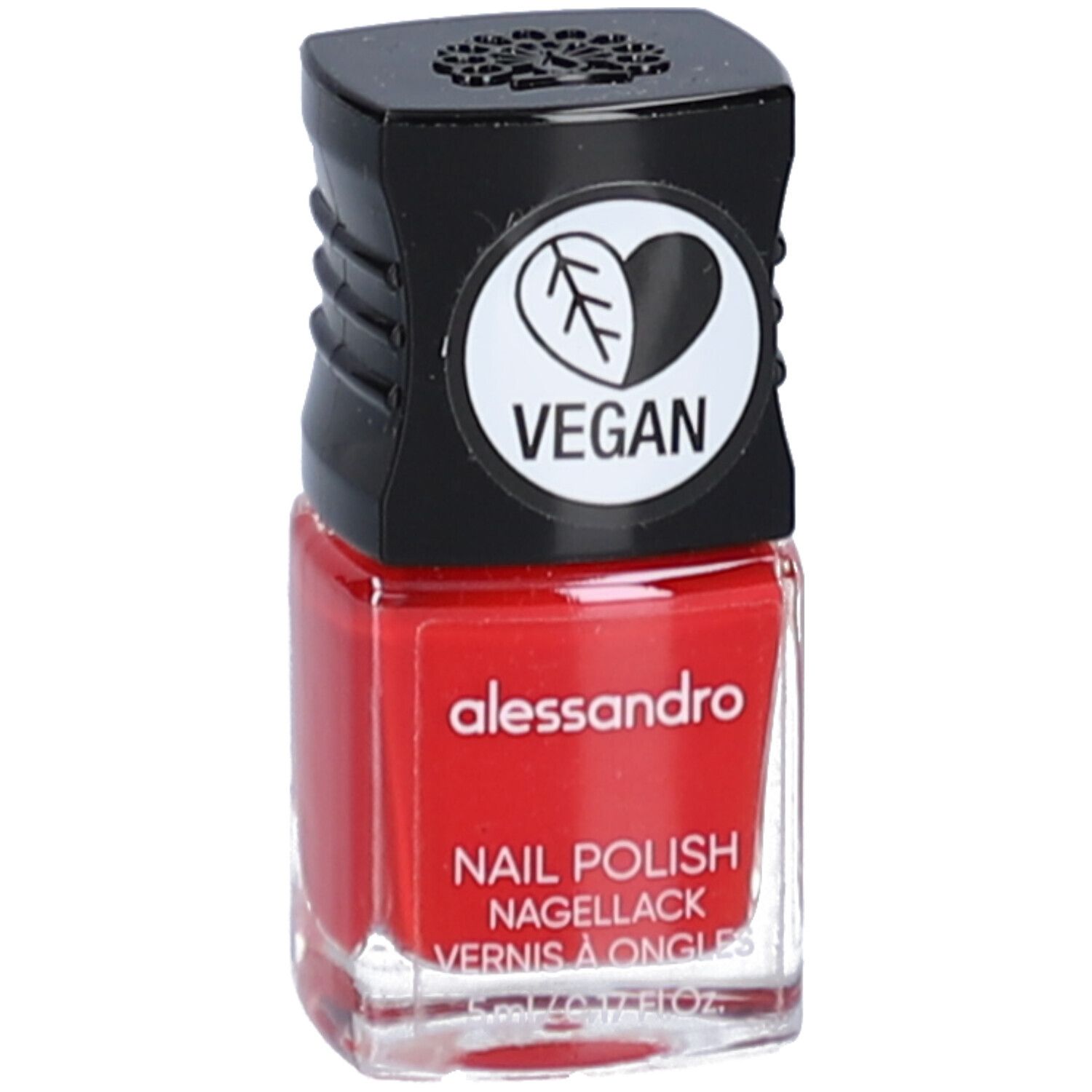 Roter Nagellackflakon mit schwarzem Deckel. Auf dem Deckel ist ein Vegan-Logo abgebildet. Aufschrift: alessandro, Nagellack.