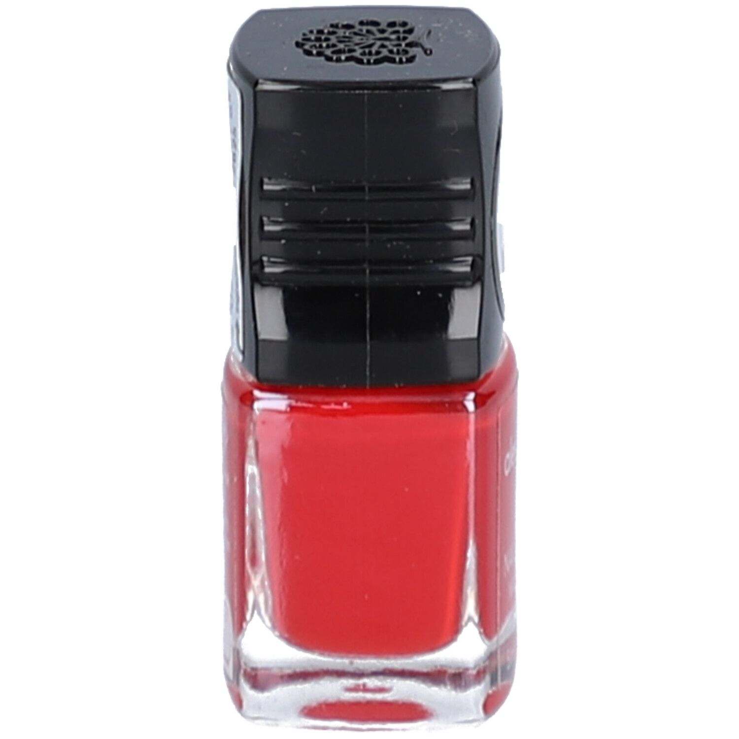Roter Nagellackflakon mit schwarzem Deckel. Der Flakon ist aufrecht stehend abgebildet.