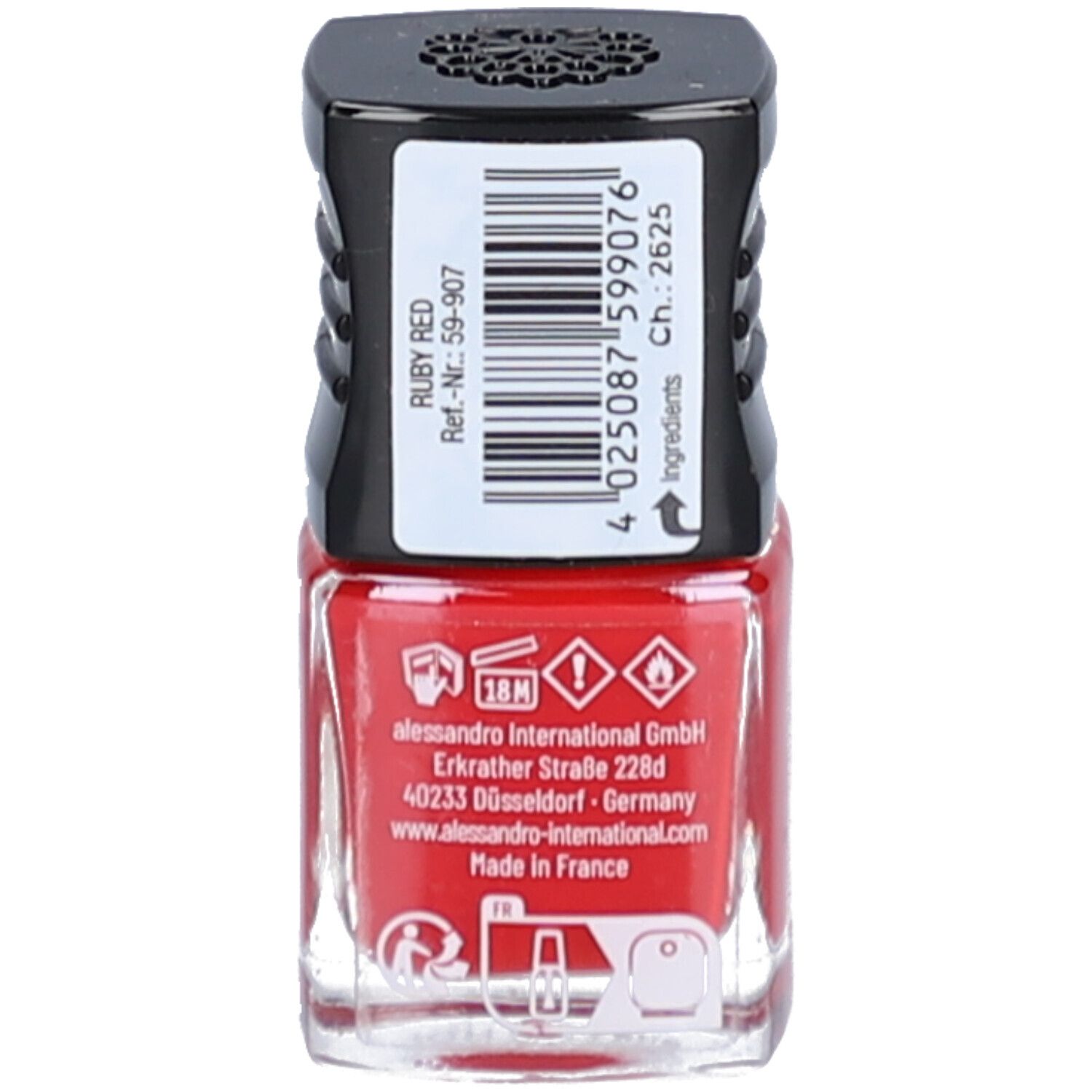 Roter Nagellackflakon, Rückseite. Barcode und Informationen: alessandro, Ruby Red, Inhaltsstoffe, Warnhinweise, Made in France.