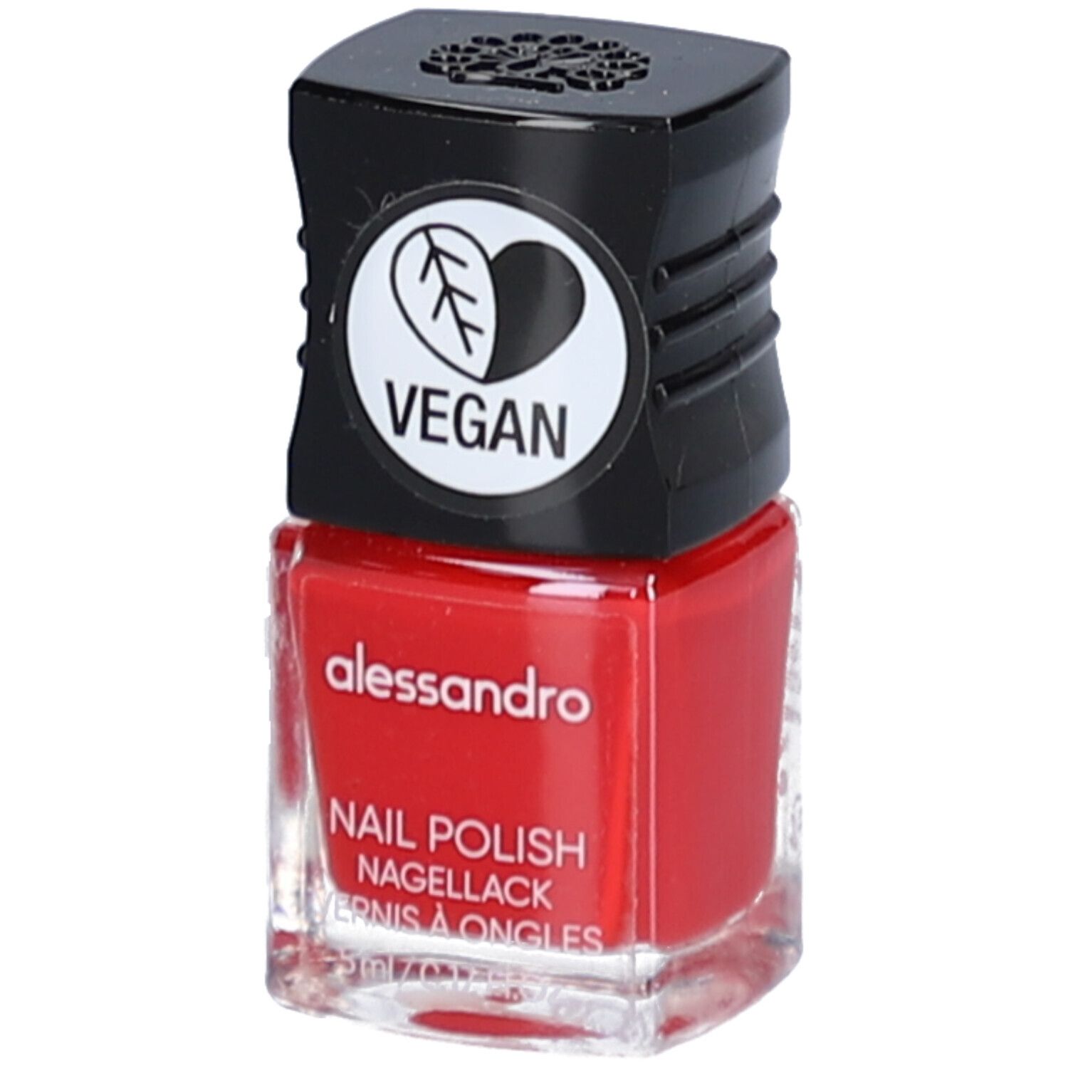 Roter Nagellackflakon mit schwarzem Deckel. Auf dem Deckel ist ein Vegan-Logo abgebildet. Aufschrift: alessandro, Nagellack.