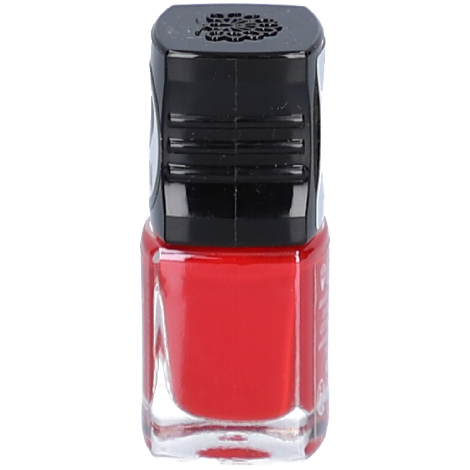Roter Nagellackflakon mit schwarzem Deckel. Der Flakon ist aufrecht stehend abgebildet.