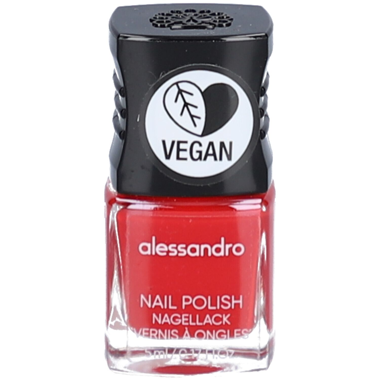 Roter Nagellackflakon mit schwarzem Deckel. Auf dem Deckel ist ein Vegan-Logo abgebildet. Aufschrift: alessandro, Nagellack.