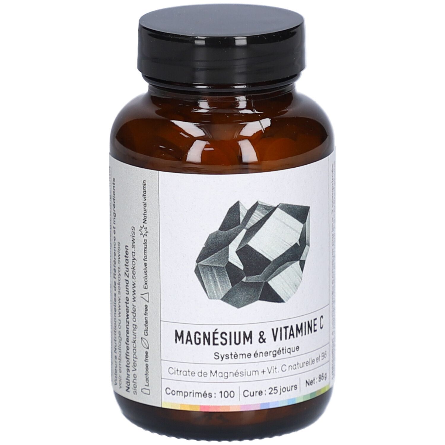 Braune Glasflasche mit schwarzem Deckel. Etikett mit Produktnamen: Magnesium & Vitamin C. 100 Tabletten, 86 g.