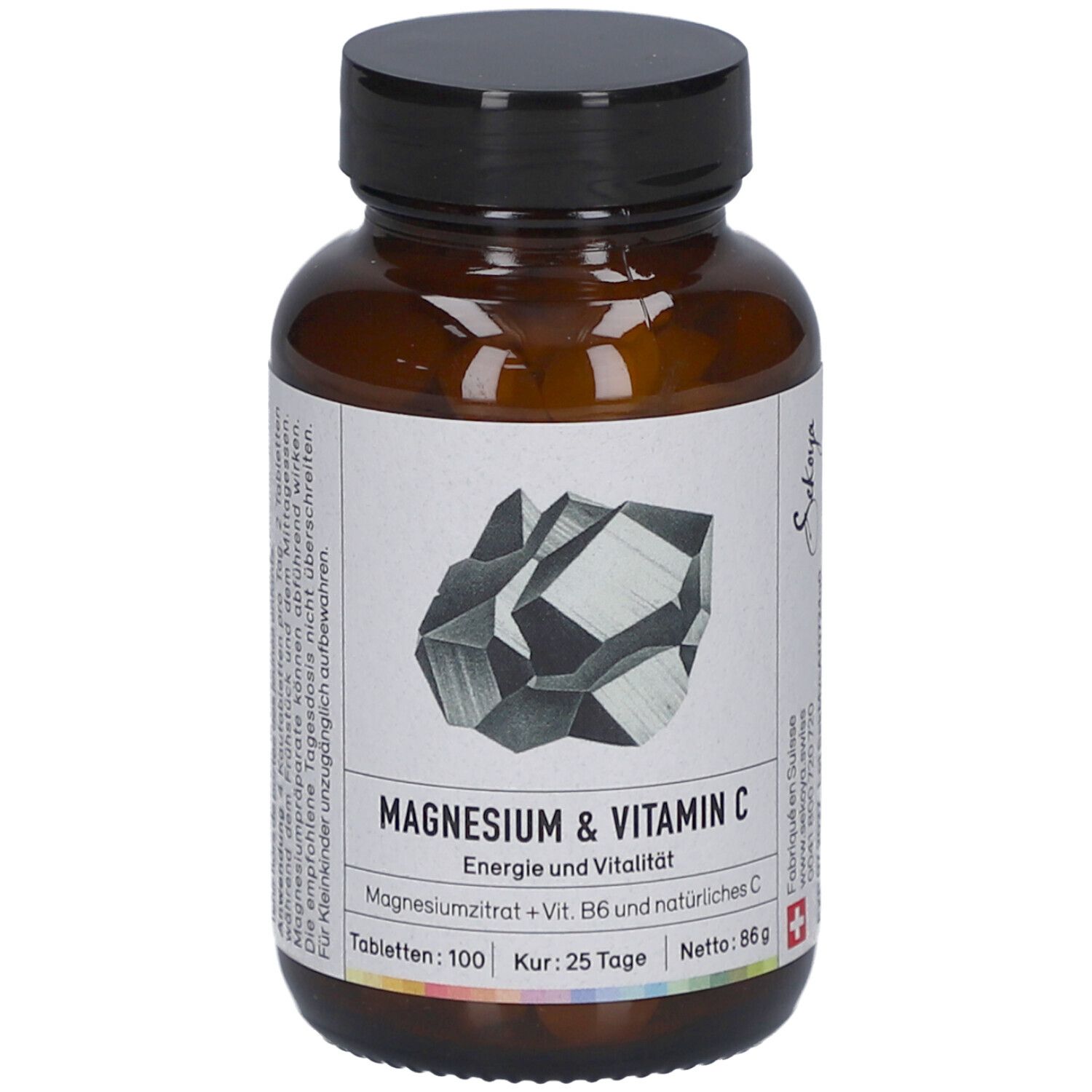 Braune Glasflasche mit schwarzem Deckel. Etikett mit Produktnamen: Magnesium & Vitamin C. 100 Tabletten, 86 g.
