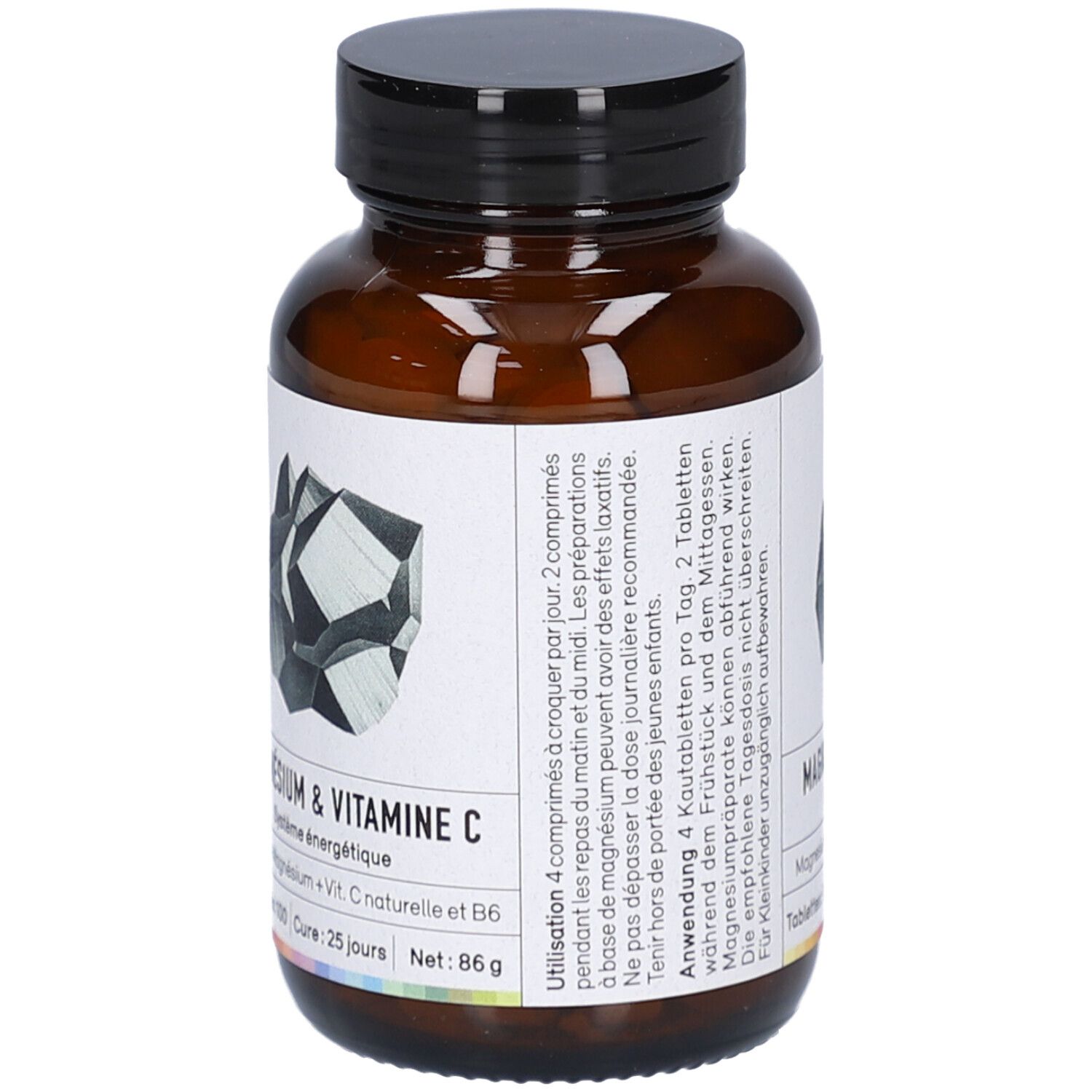 Braune Glasflasche mit schwarzem Deckel. Etikett mit Produktinformationen. Text: Magnesium & Vitamin C, 86 g.