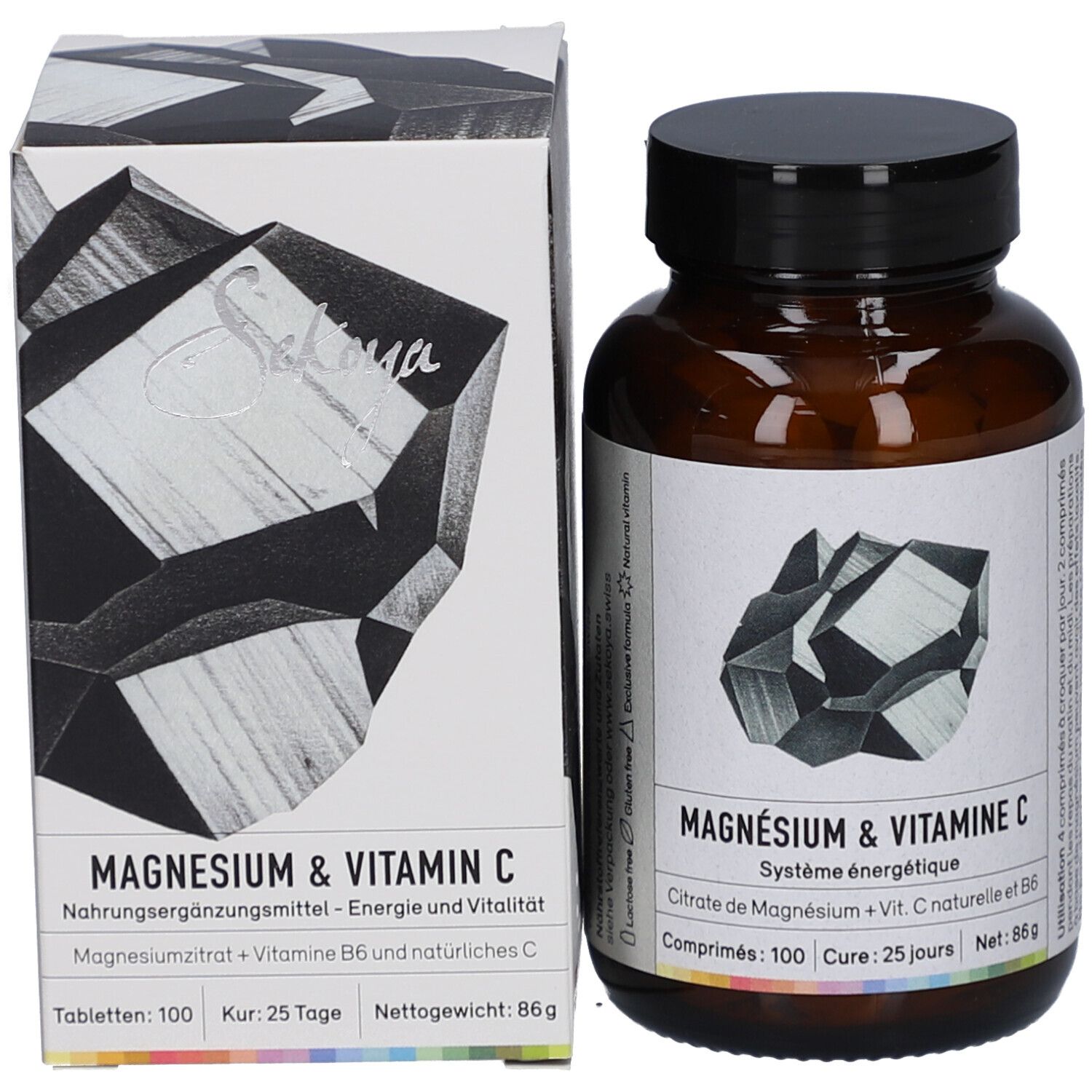Braune Glasflasche und Schachtel. Schachtel mit Produktnamen: Magnesium & Vitamin C. 100 Tabletten, 86 g.