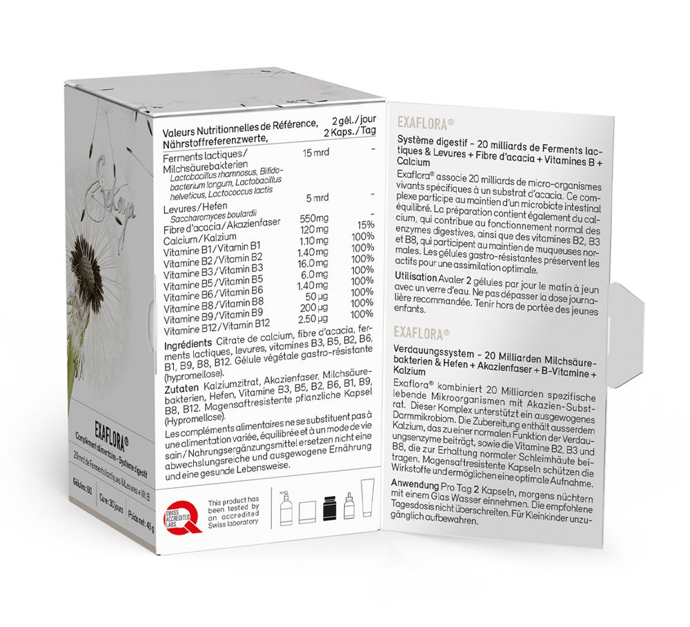 Geöffnete Produktverpackung. Enthält Informationen zu Inhaltsstoffen und Anwendung. Mit Swiss Made-Logo.