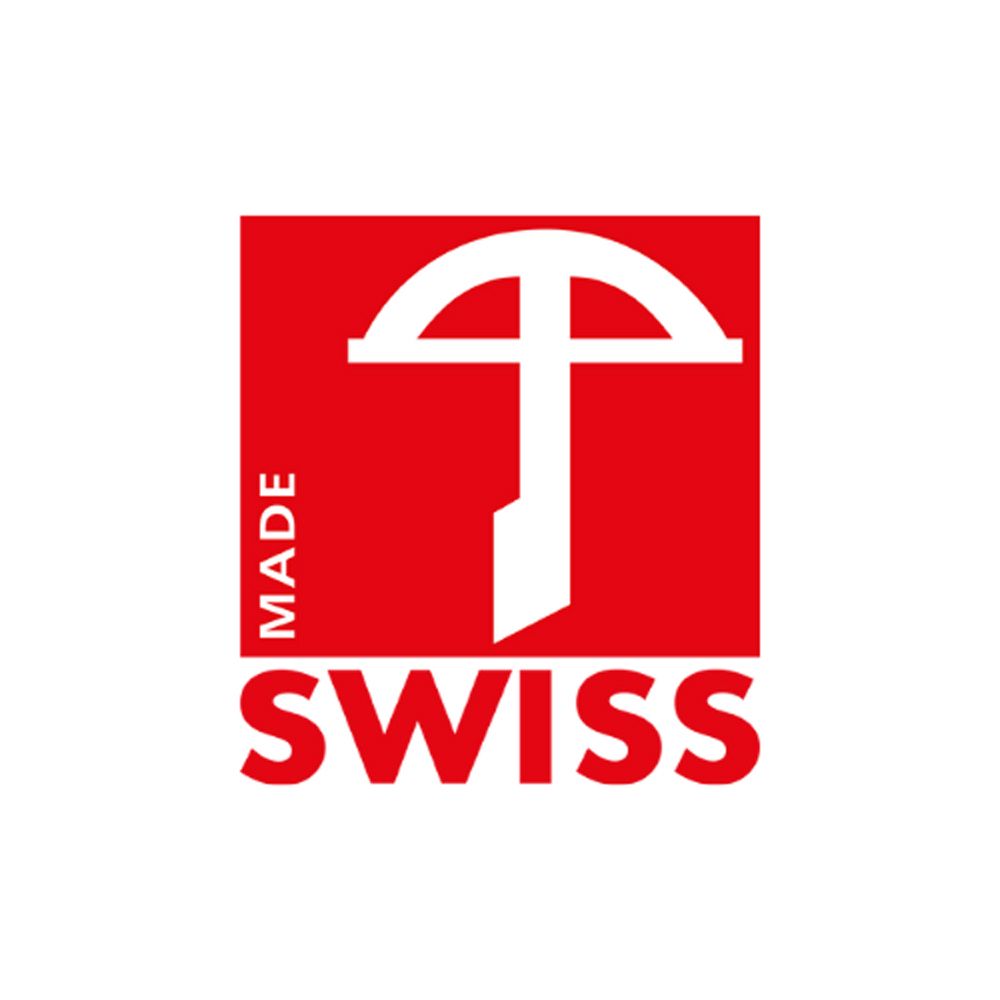 Rotes Quadrat mit weißem Kreuz und Schriftzug: MADE SWISS.
