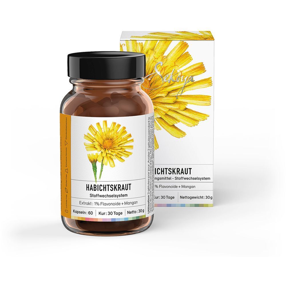 Braune Glasflasche mit schwarzen Deckel und gelbem Etikett. Daneben eine Schachtel mit gelber Blume. Auf dem Etikett steht "Habichtskraut".