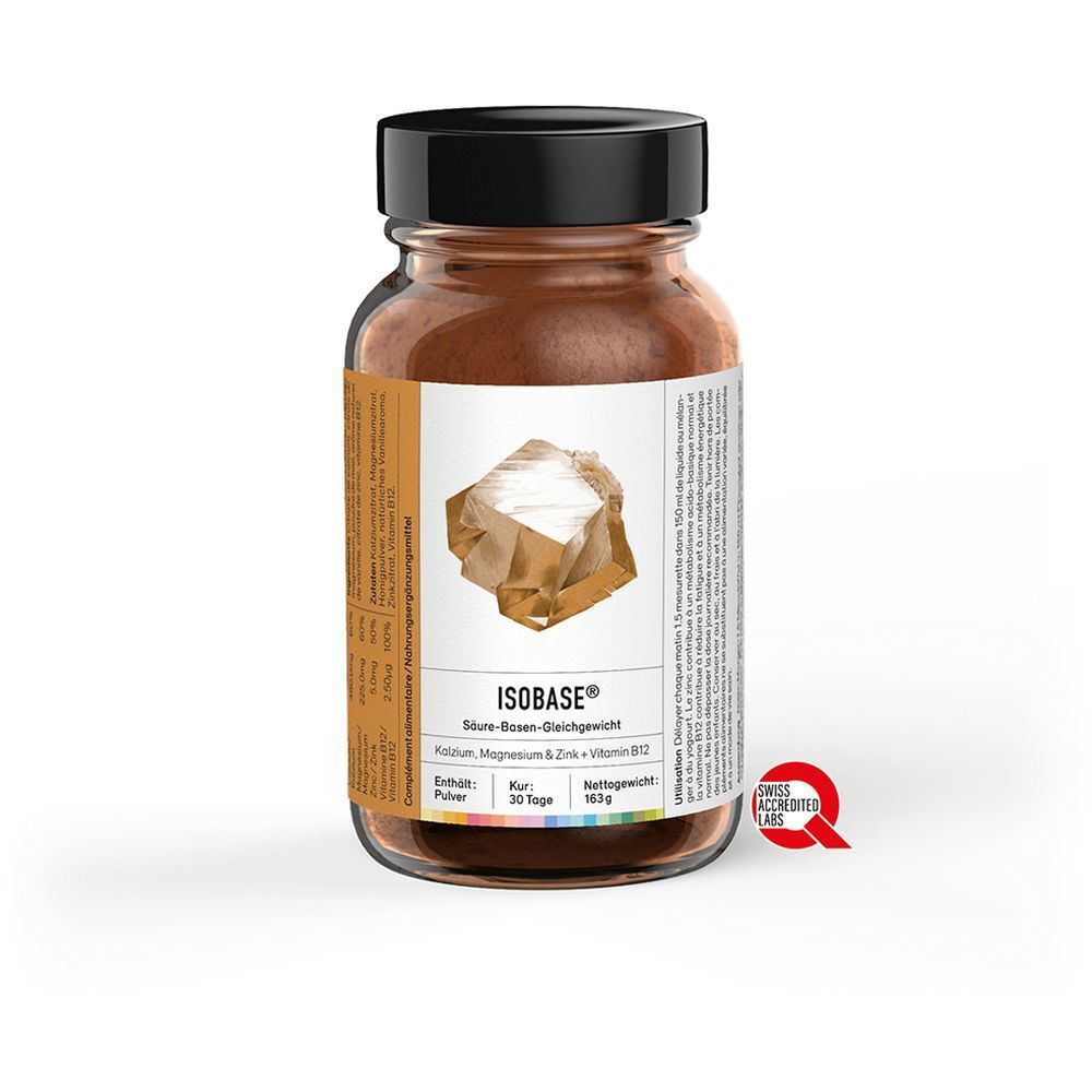 Poudre brune en flacon de verre avec bouchon noir. Étiquette avec nom du produit, ingrédients et label Swiss Accredited Quality.