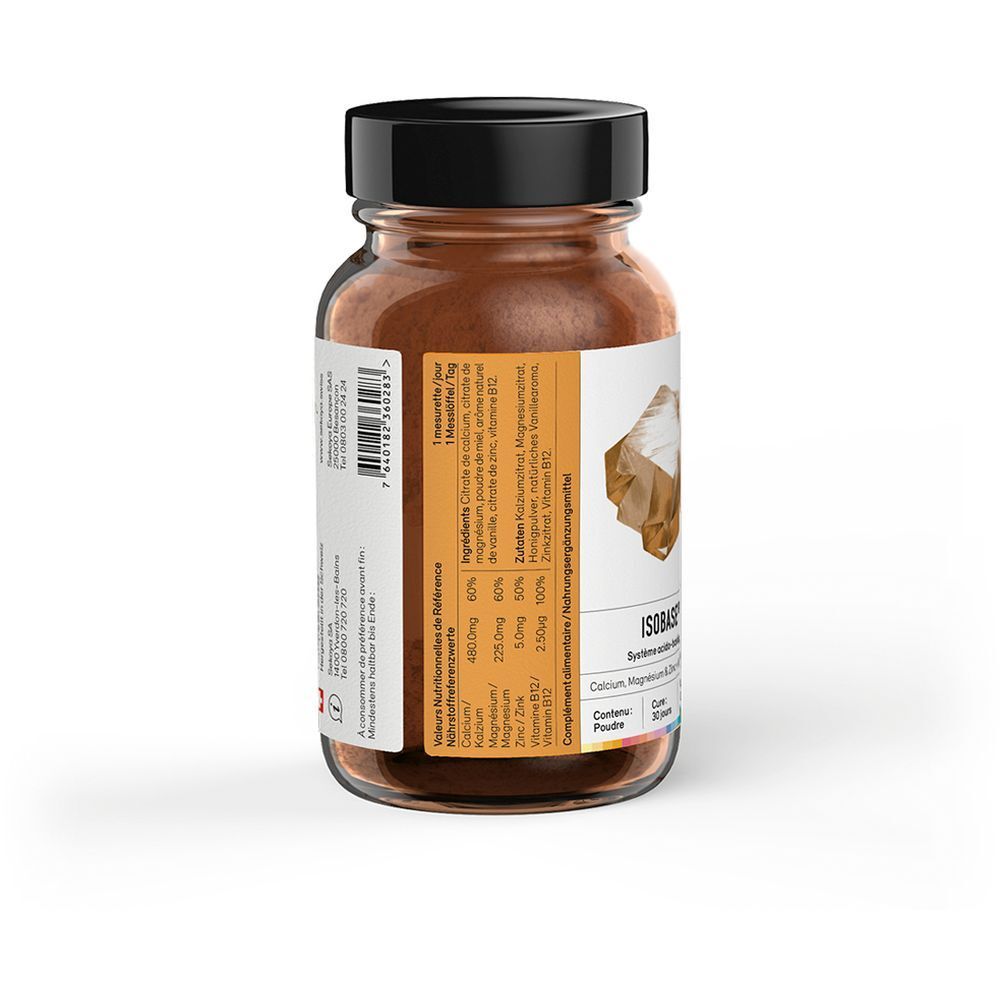 Vue arrière du flacon en verre avec poudre brune. Étiquette avec informations nutritionnelles, ingrédients et nom du produit.