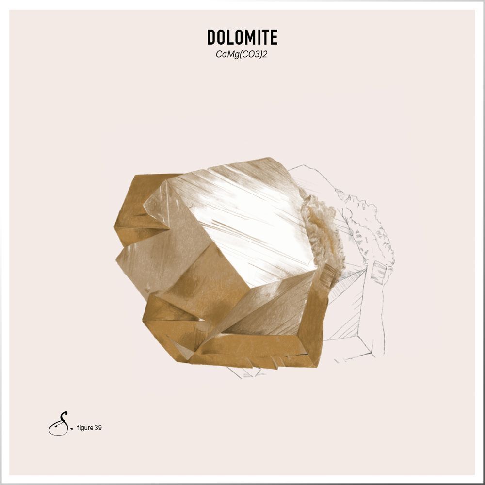 Représentation graphique de cristaux de dolomite. Texte : Dolomite, CaMg(CO3)2. Esquisse d'un cristal.