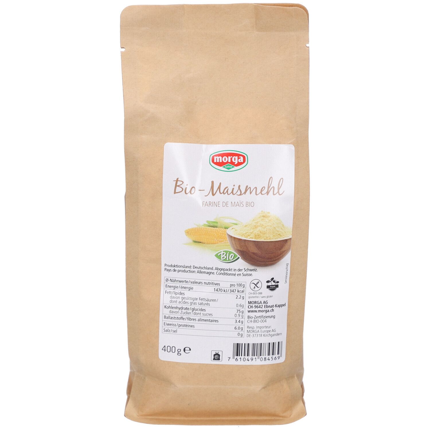 Sachet de farine de maïs bio MORGA. Face avant avec nom du produit, illustration de maïs et informations nutritionnelles. 400g.