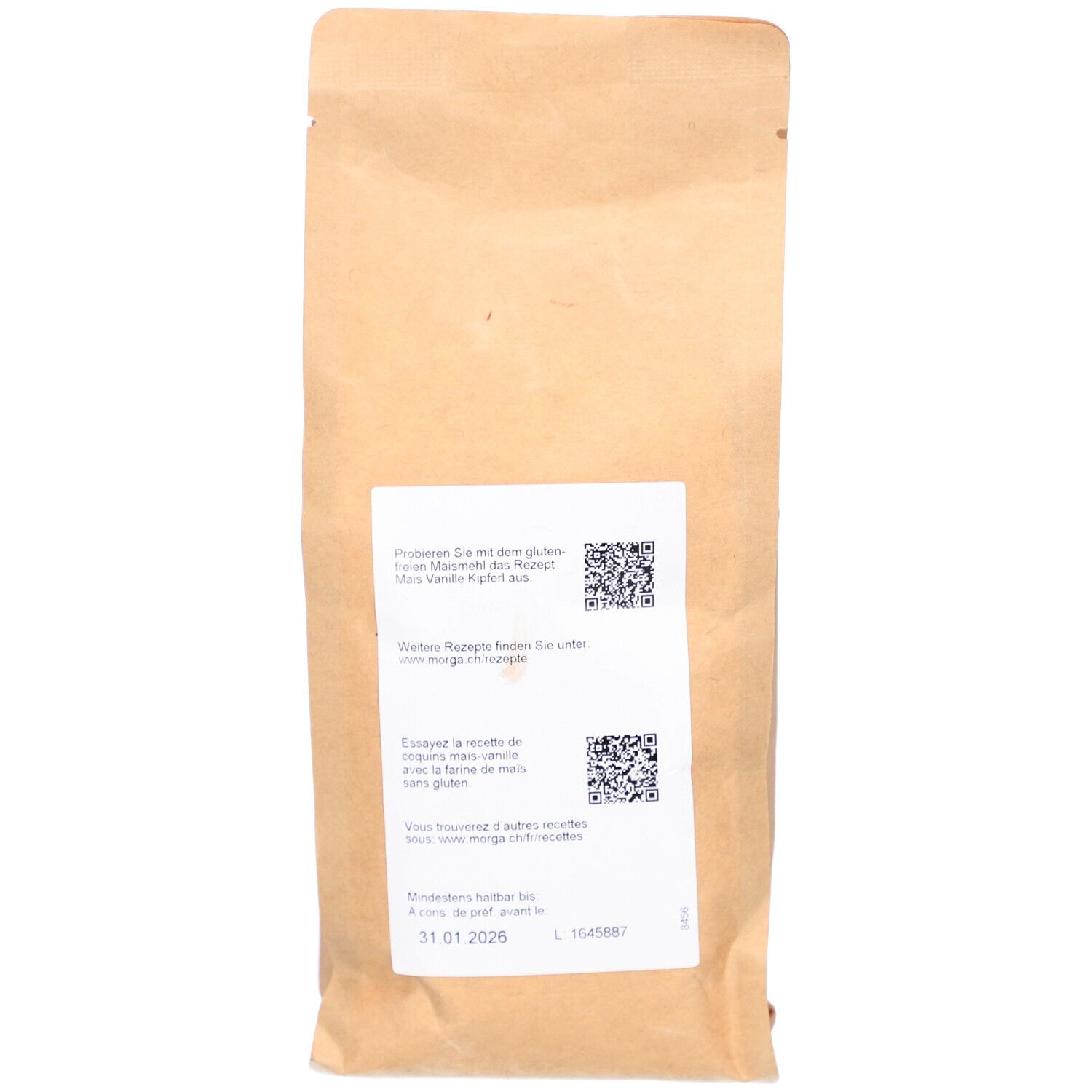 Dos du sachet de farine de maïs. Contient du texte et des codes QR pour les recettes. Date de péremption : 31.01.2026.