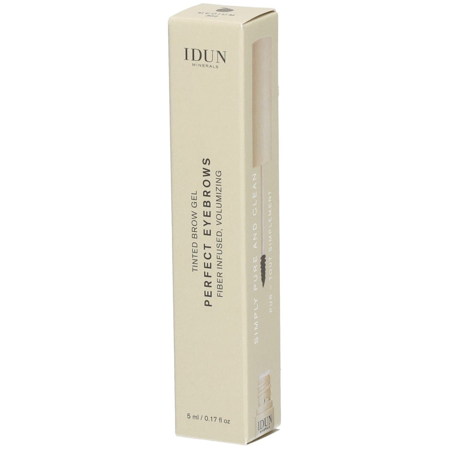 Beige Kartonverpackung. Aufschrift: IDUN Minerals, Perfect Eyebrows, getöntes Augenbrauengel. 5 ml/0.17 fl oz.
