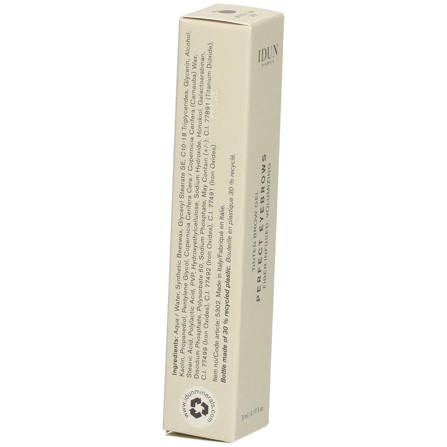 Beige Kartonverpackung. Aufschrift: Inhaltsstoffe, hergestellt in Italien. Flasche aus 30% recyceltem Kunststoff.