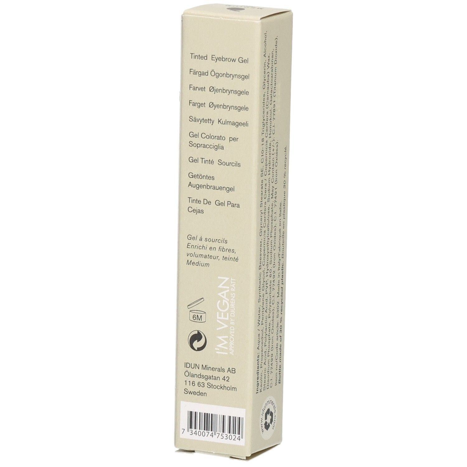 Beige Kartonverpackung. Aufschrift: Getöntes Augenbrauengel, I'M VEGAN, IDUN Minerals. Informationen in mehreren Sprachen.
