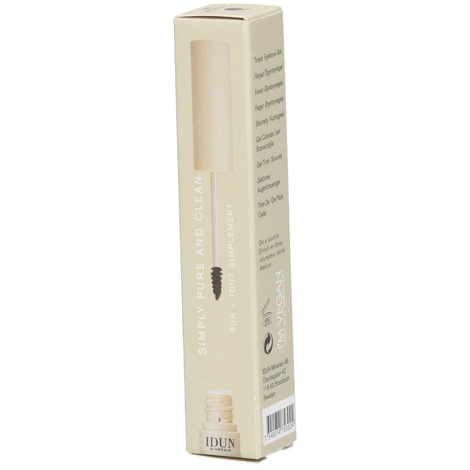 Beige Kartonverpackung. Aufschrift: Einfach rein und sauber, I'M VEGAN, IDUN Minerals. Applikator sichtbar.