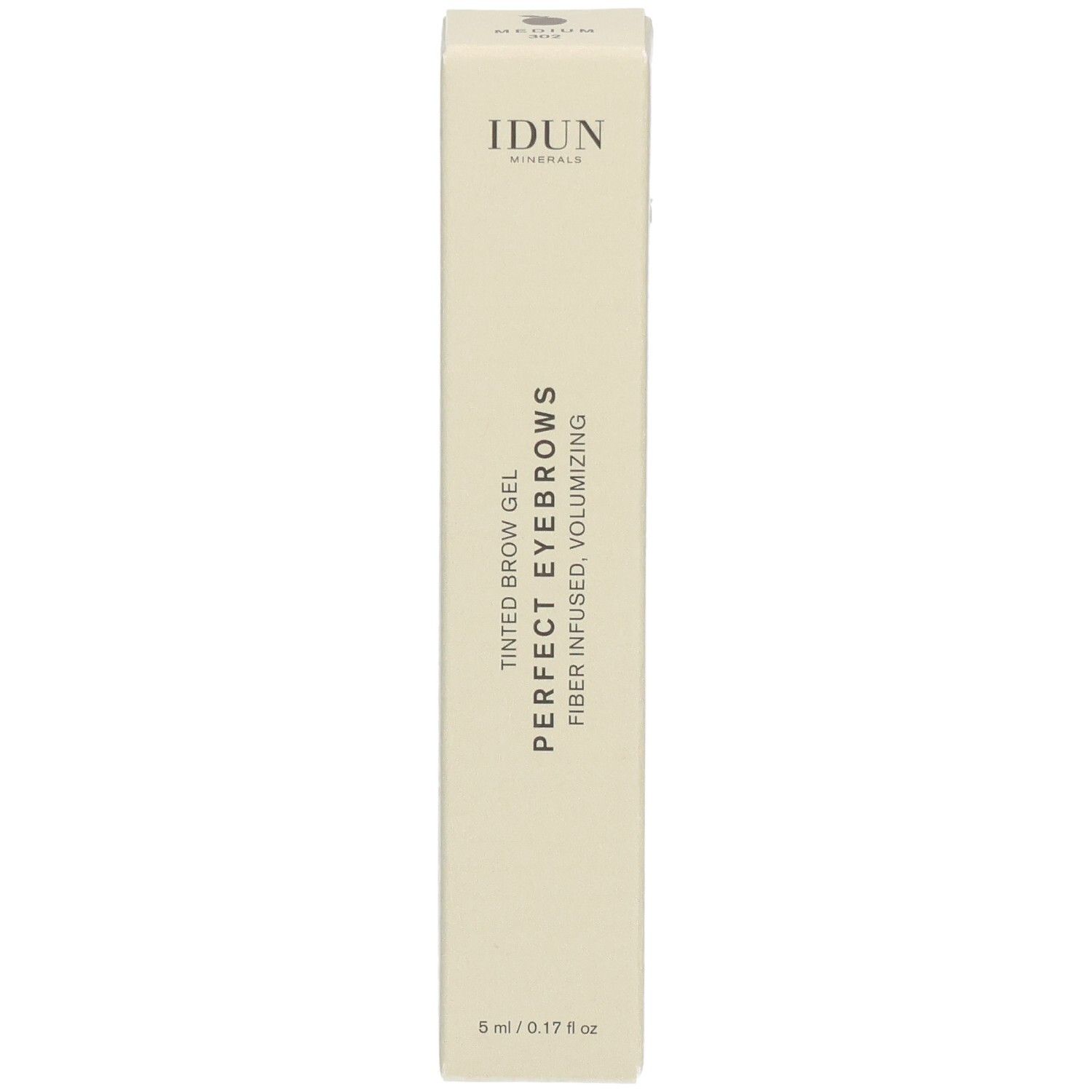 Beige Kartonverpackung. Aufschrift: IDUN Minerals, Perfect Eyebrows, getöntes Augenbrauengel. 5 ml/0.17 fl oz.
