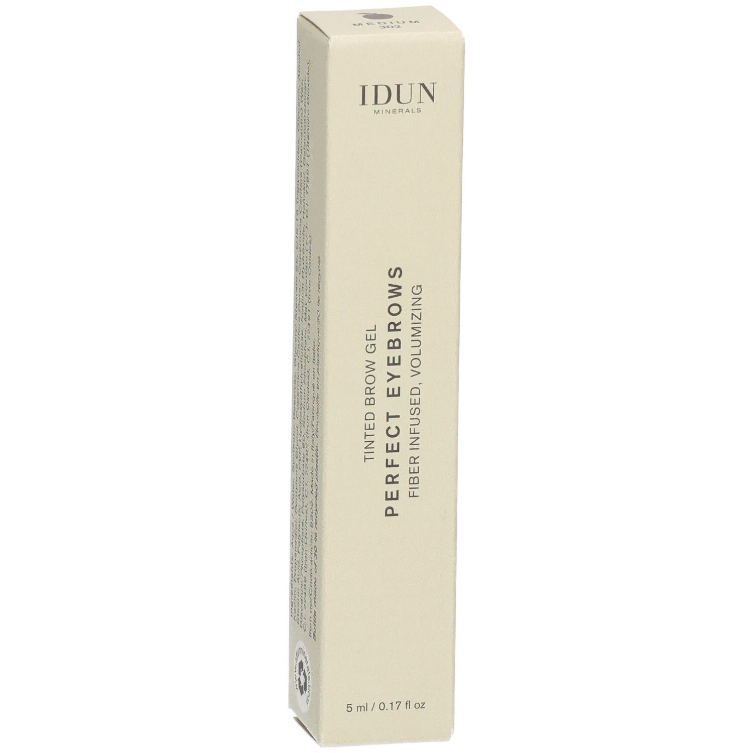 Beige Kartonverpackung. Aufschrift: IDUN Minerals, Perfect Eyebrows, getöntes Augenbrauengel. 5 ml/0.17 fl oz.