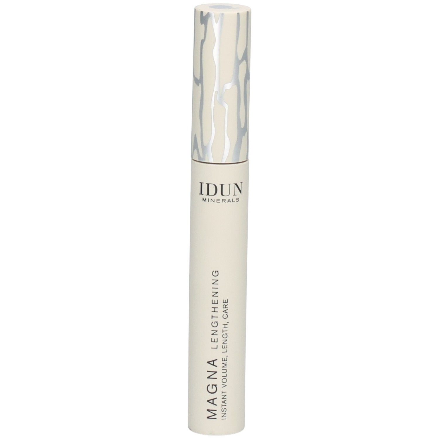 IDUN MINERALS MAGNA Lengthening Mascara in hellem Beigeton mit silbernem, gemustertem Deckel.