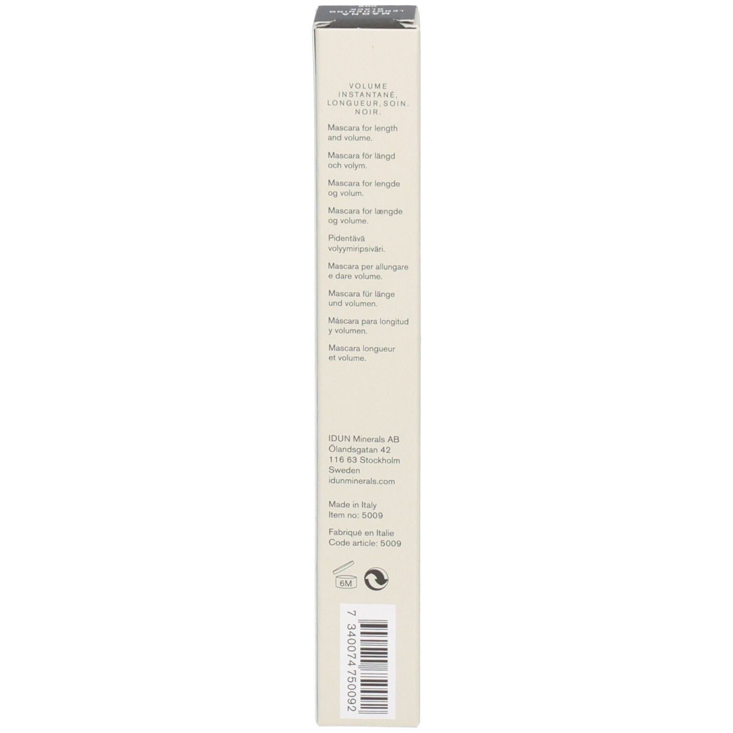 Verpackung für Mascara mit Text in mehreren Sprachen, Herstellerangaben und Barcode.