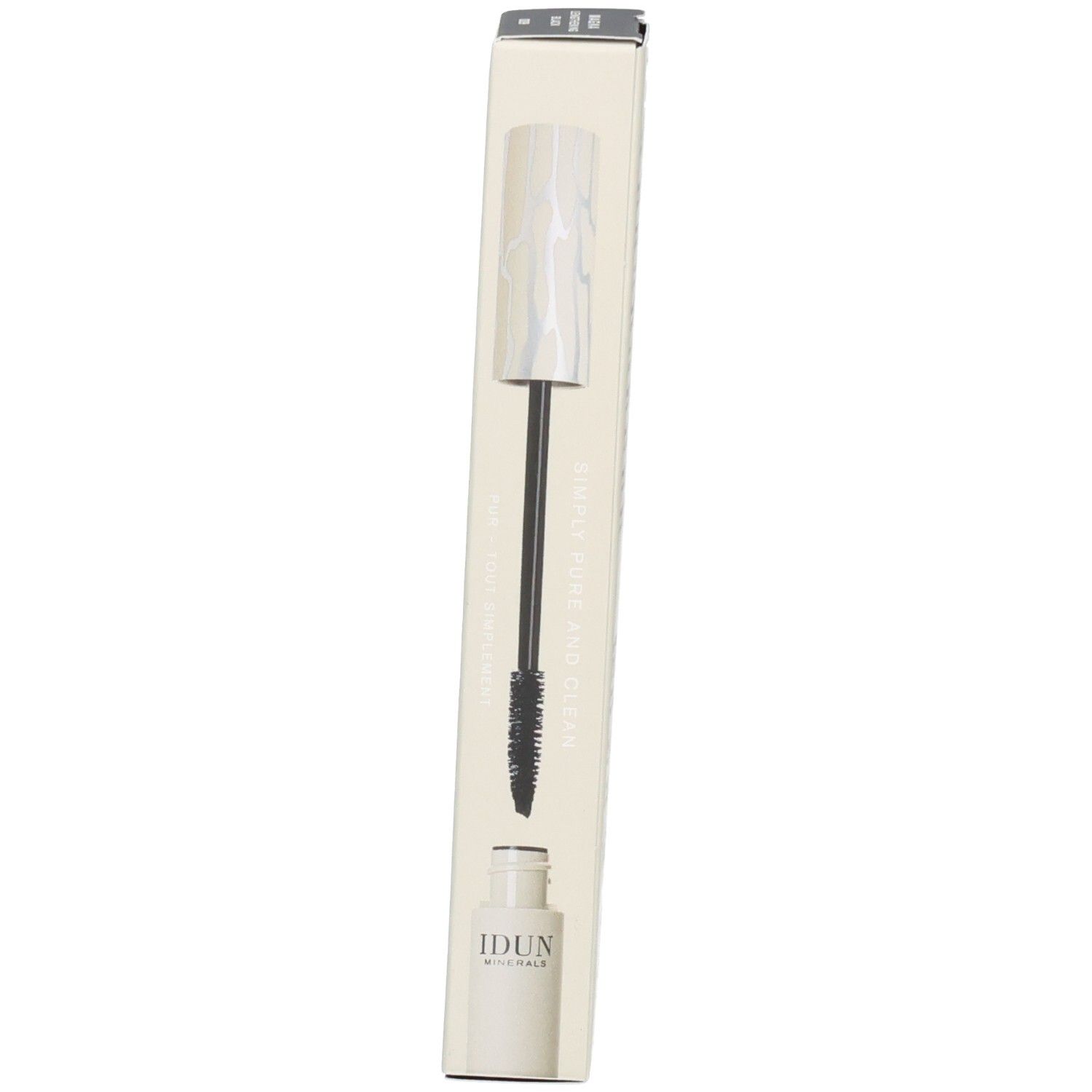 IDUN Minerals Mascara in weißer Verpackung mit schwarzem Applikator.