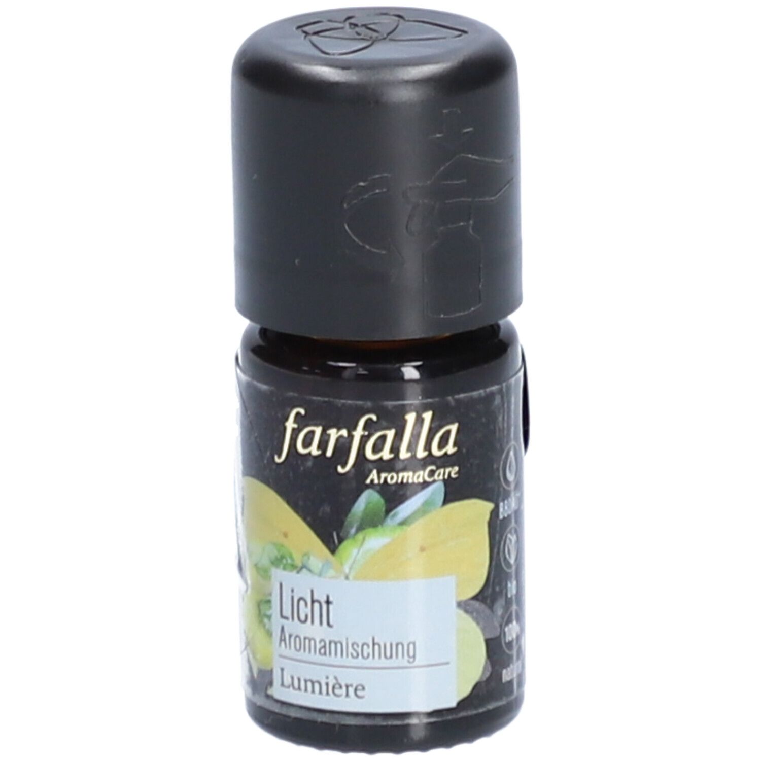 Braune Glasflasche mit schwarzem Deckel. Aufschrift: farfalla AromaCare Licht Aromamischung Lumière. Etikett mit Zitrone.