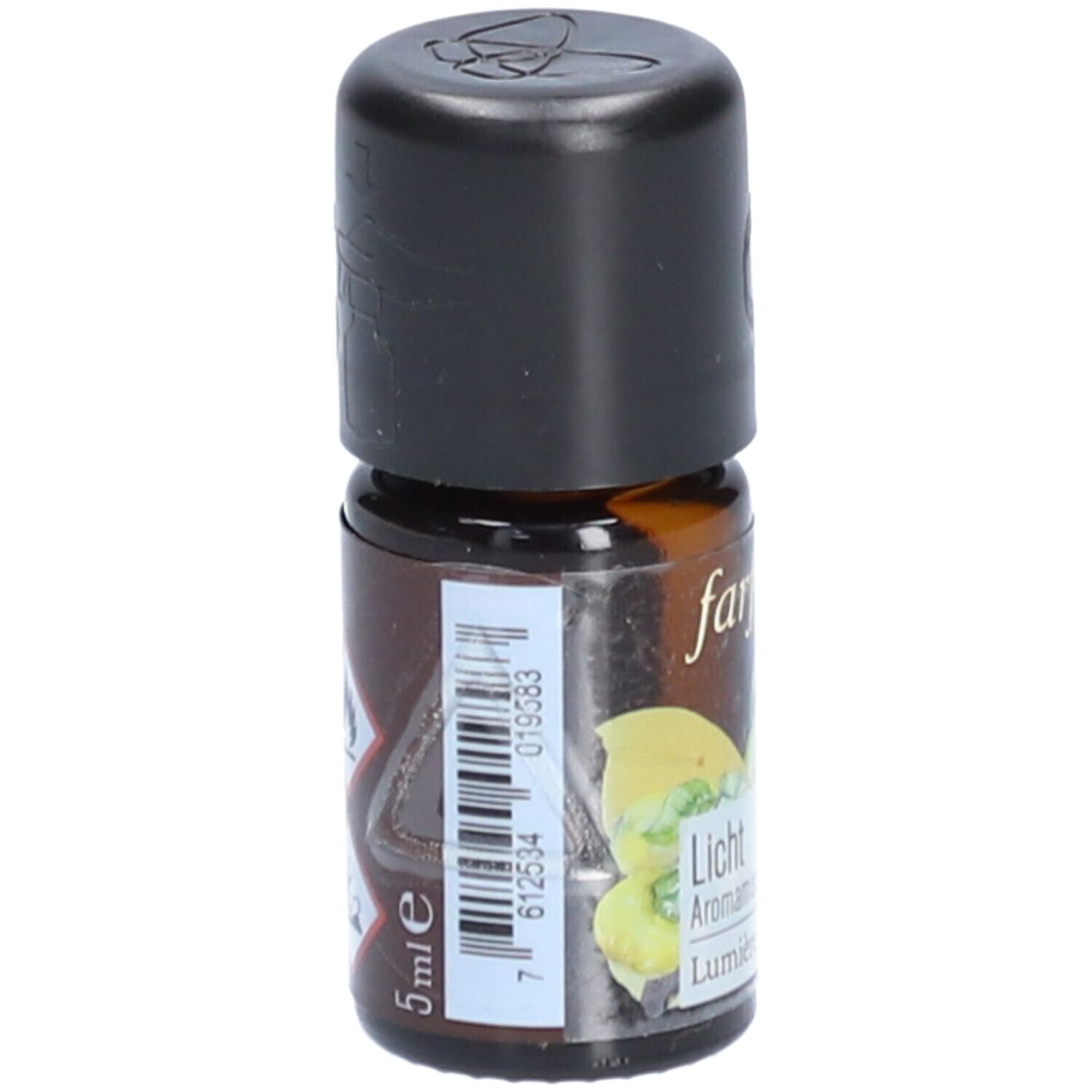 Braune Glasflasche mit schwarzem Deckel. Aufschrift: farfalla. Etikett mit Barcode und 5 ml. Etikett mit Zitrone und Text.