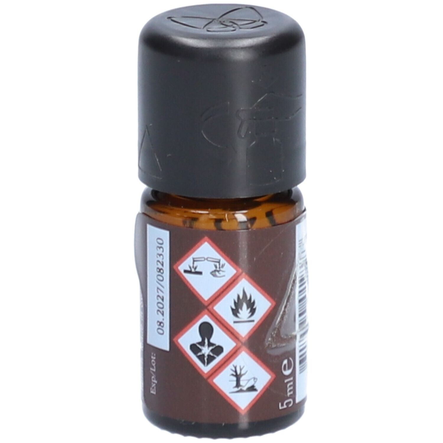 Braune Glasflasche mit schwarzem Deckel. Etikett mit Gefahrensymbolen, 5 ml und Exp. Datum. Aufschrift: farfalla.