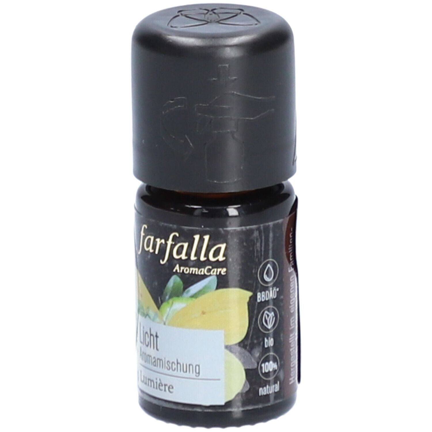 Braune Glasflasche mit schwarzem Deckel. Aufschrift: farfalla AromaCare Licht Aromamischung Lumière. Etikett mit Bio-Siegel.