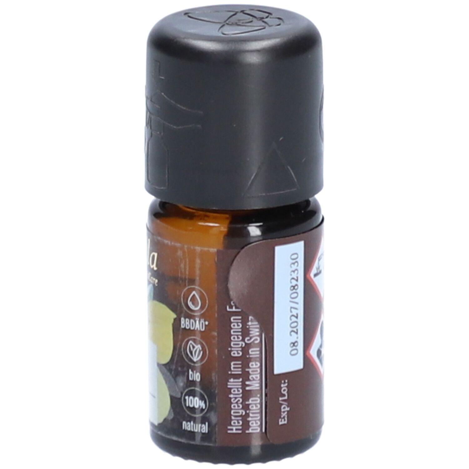 Braune Glasflasche mit schwarzem Deckel. Aufschrift: farfalla. Etikett mit Bio-Siegel, 5 ml und Exp. Datum. Hergestellt in der Schweiz.