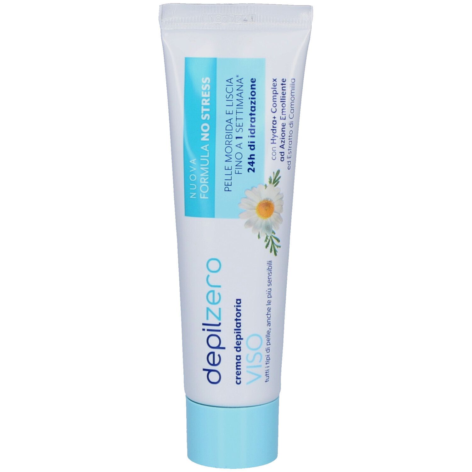 Creme-Tube mit Produktnamen und floralem Design. Blaue und weiße Farbgebung. Text: 'Formula No Stress'.