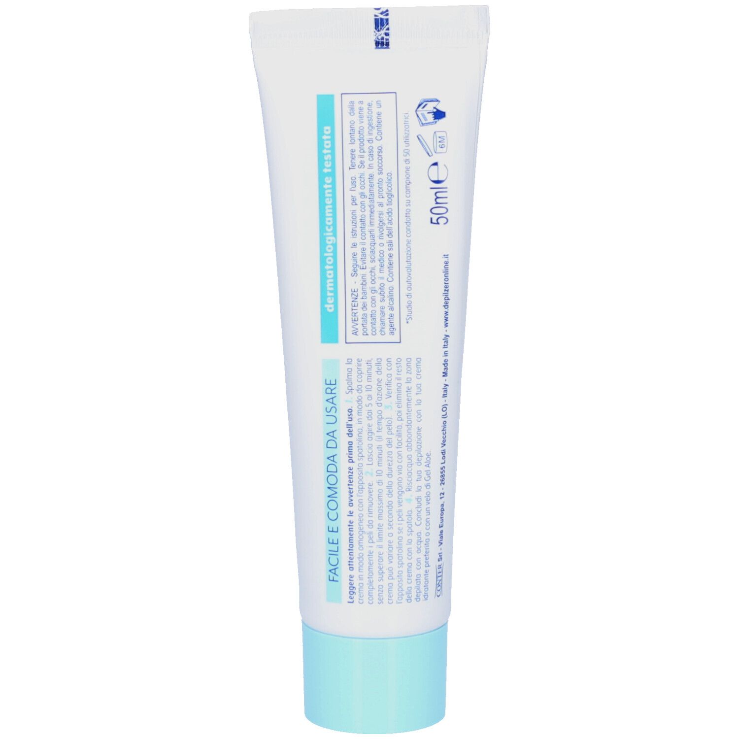 Rückseite einer Creme-Tube. Textliche Informationen und Logos. Blaue und weiße Farbgebung.