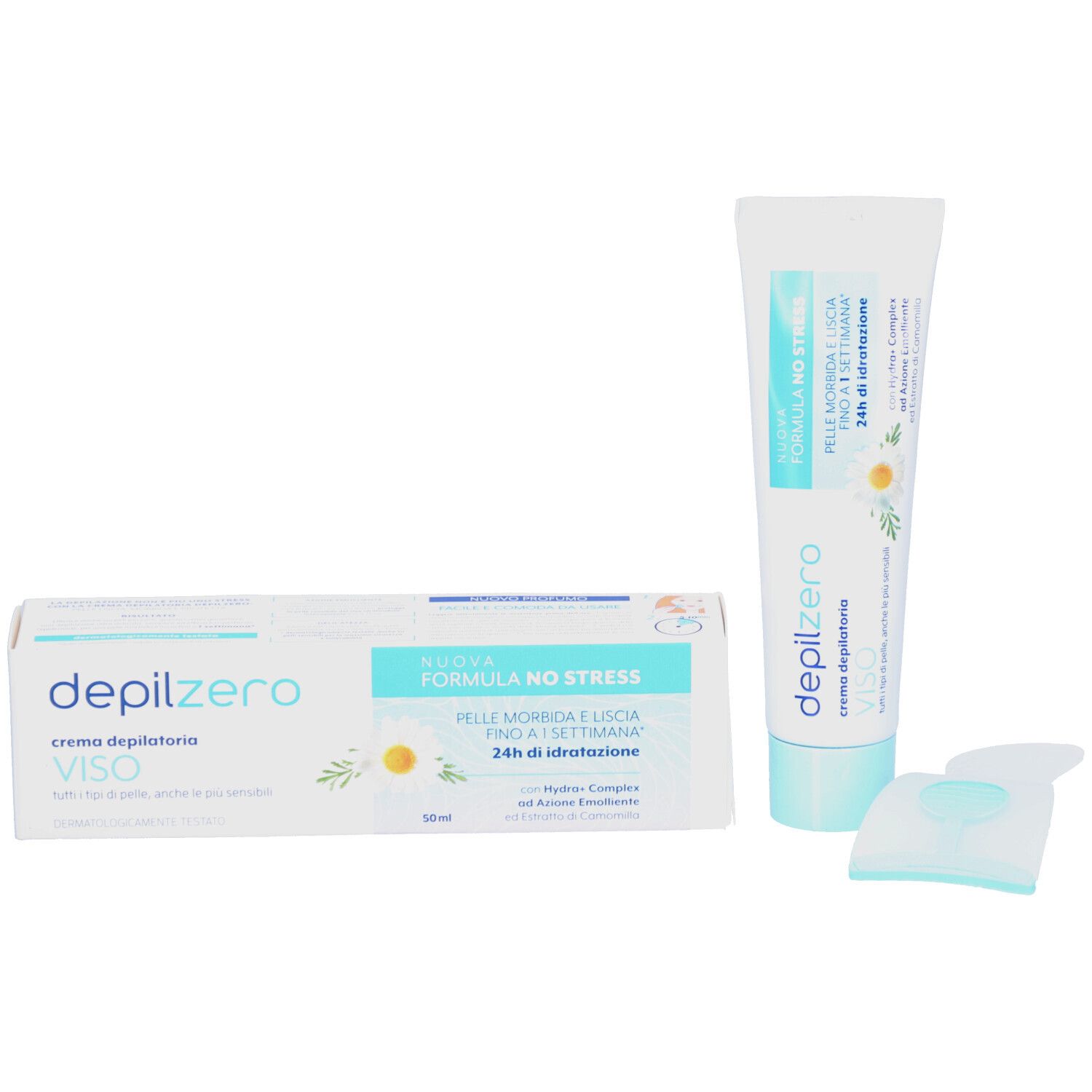 Produktverpackung und Tube. Verpackung: rechteckig, weiß und blau. Tube: weiß und blau. Zubehör.