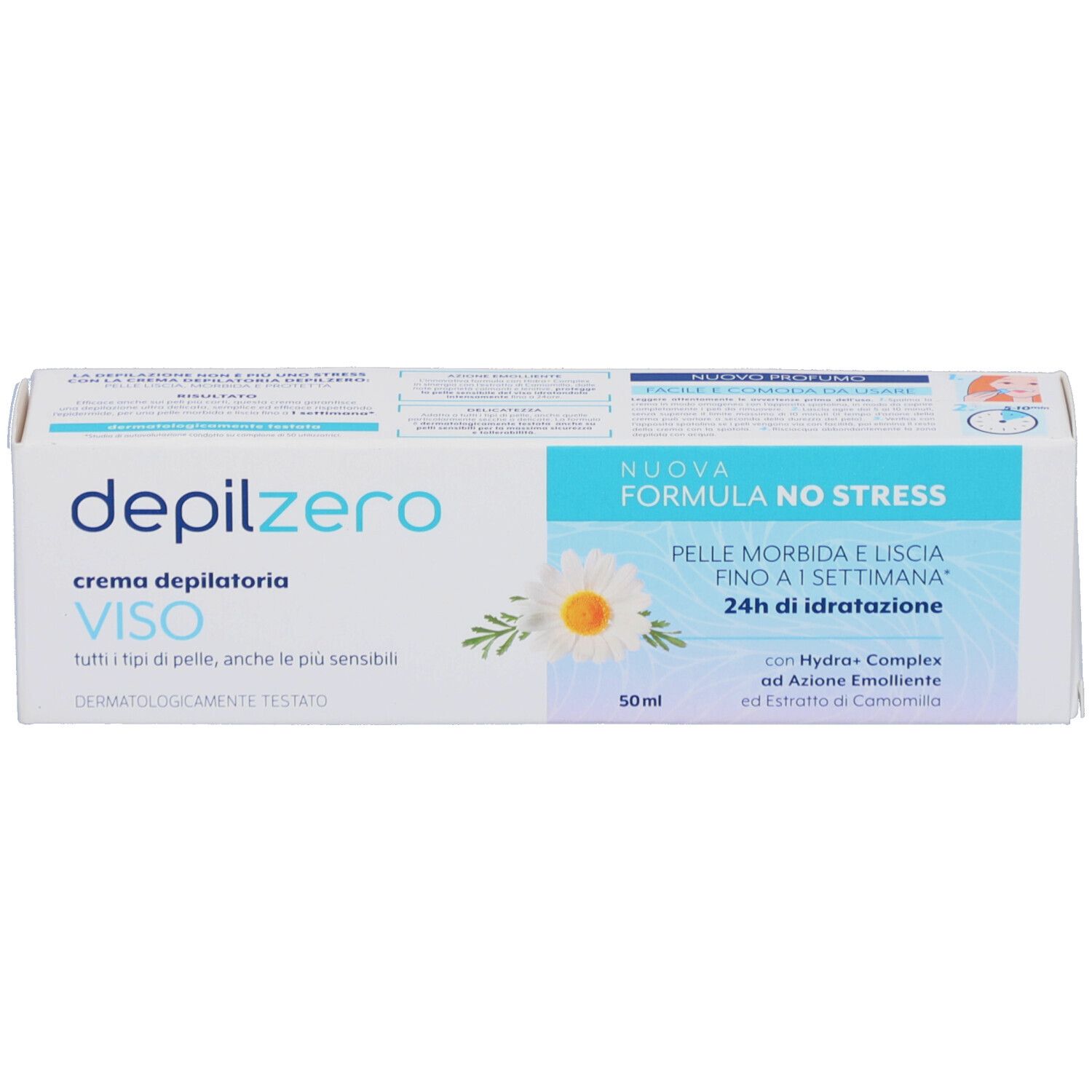 Rechteckige Produktverpackung. Weiß und blau. Text: 'depilzero', 'VISO', 'Formula No Stress'.