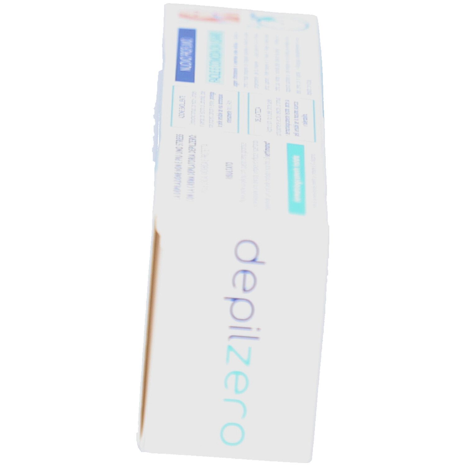 Seitenansicht der Produktverpackung. Weiß und blau. Text: 'depilzero'.