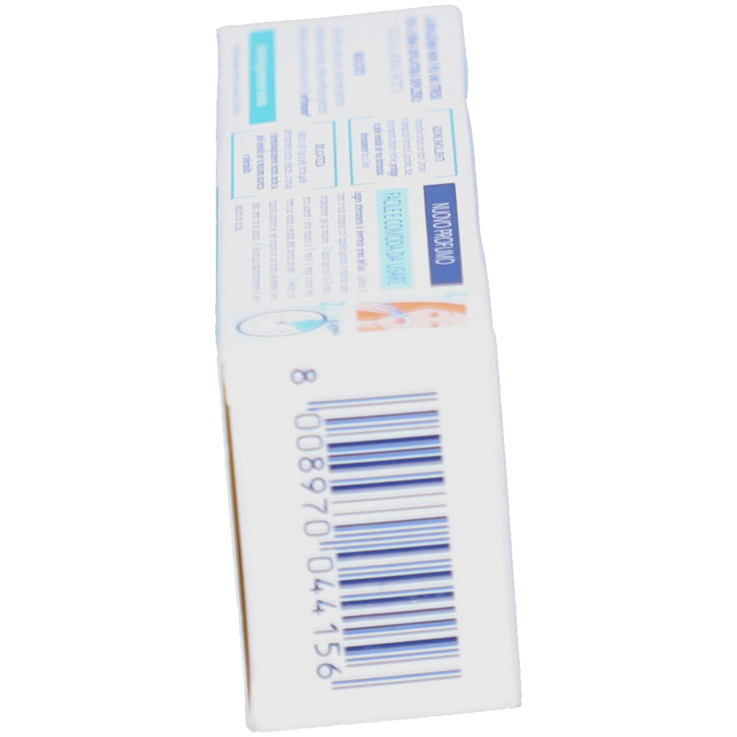 Seitenansicht der Produktverpackung. Barcode und Textinformationen. Weiß und blau.