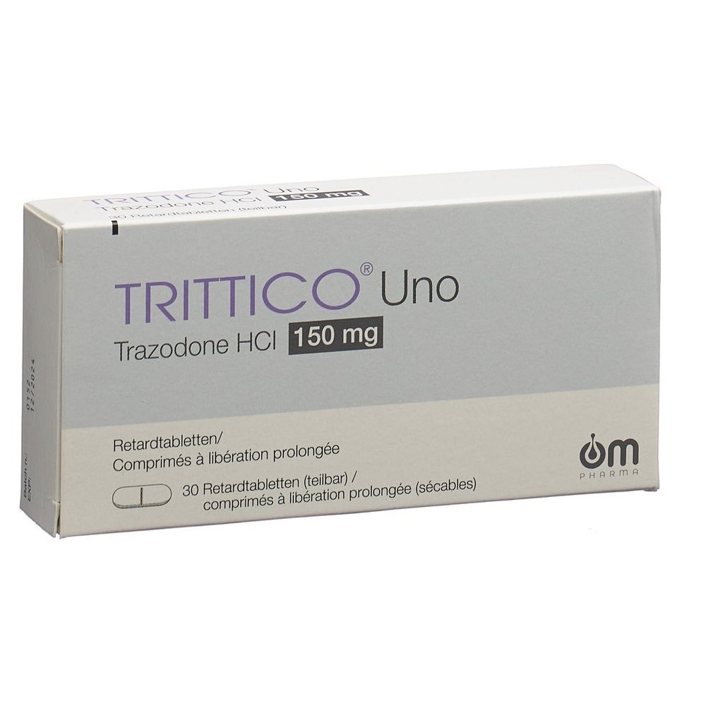 Kartonpackung mit Medikamenten. Aufschrift TRITTICO Uno Ret Tabl 150 mg. Graue und weiße Verpackung.
