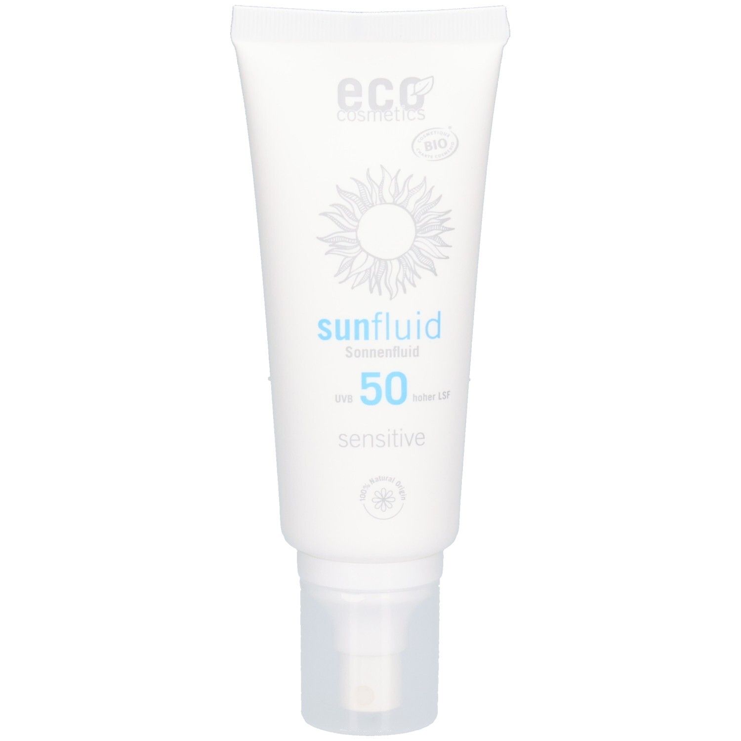 Weiße Tube mit blauem Aufdruck. Enthält Sonnenfluid LSF 50 sensitive. Logo: ECO cosmetics. Mit Sonnenblumen-Design.