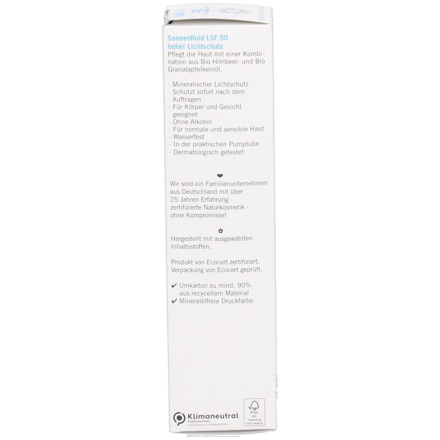 Kartonverpackung mit Text. Enthält Informationen zu Sonnenfluid LSF 50, Inhaltsstoffen und Eigenschaften. Logo: ECO cosmetics.