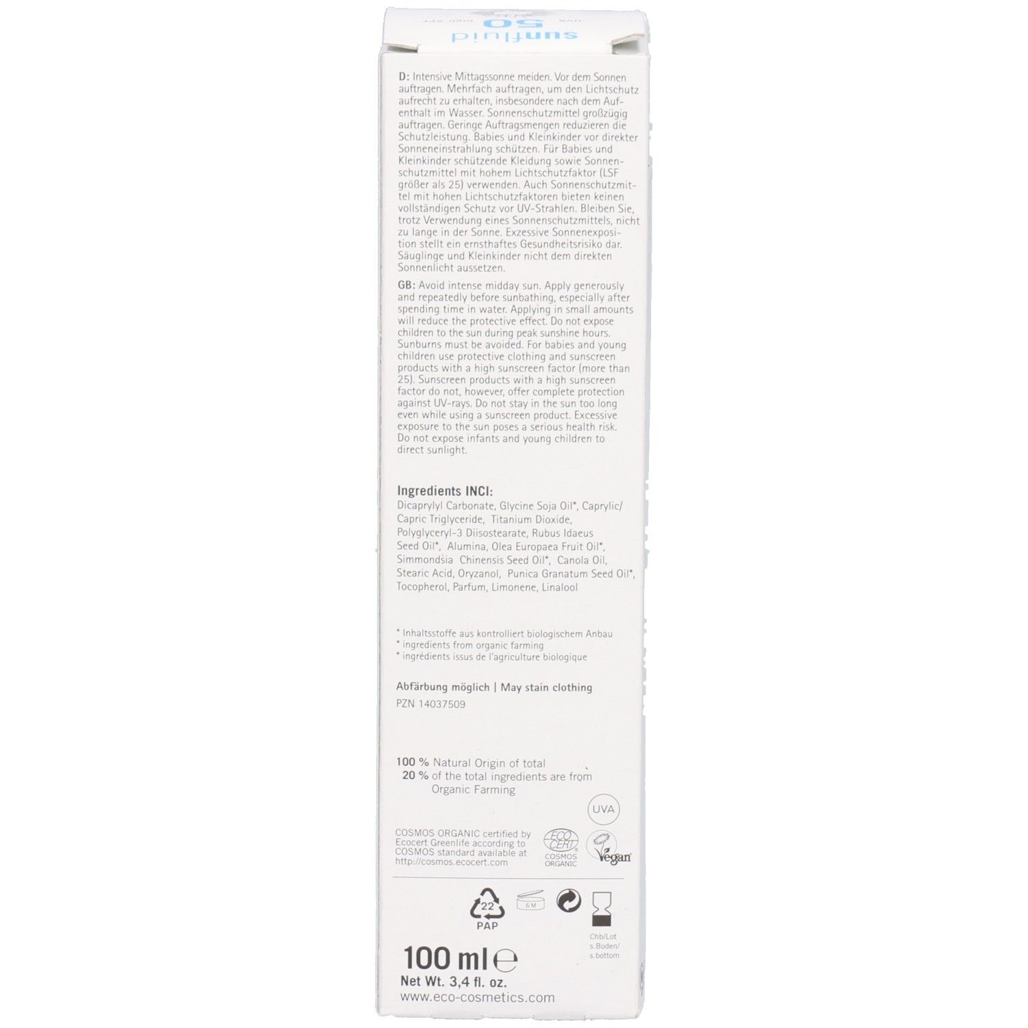 Rückseite der Kartonverpackung. Text in mehreren Sprachen. Enthält Informationen zu Inhaltsstoffen, Anwendung und Zertifizierungen.